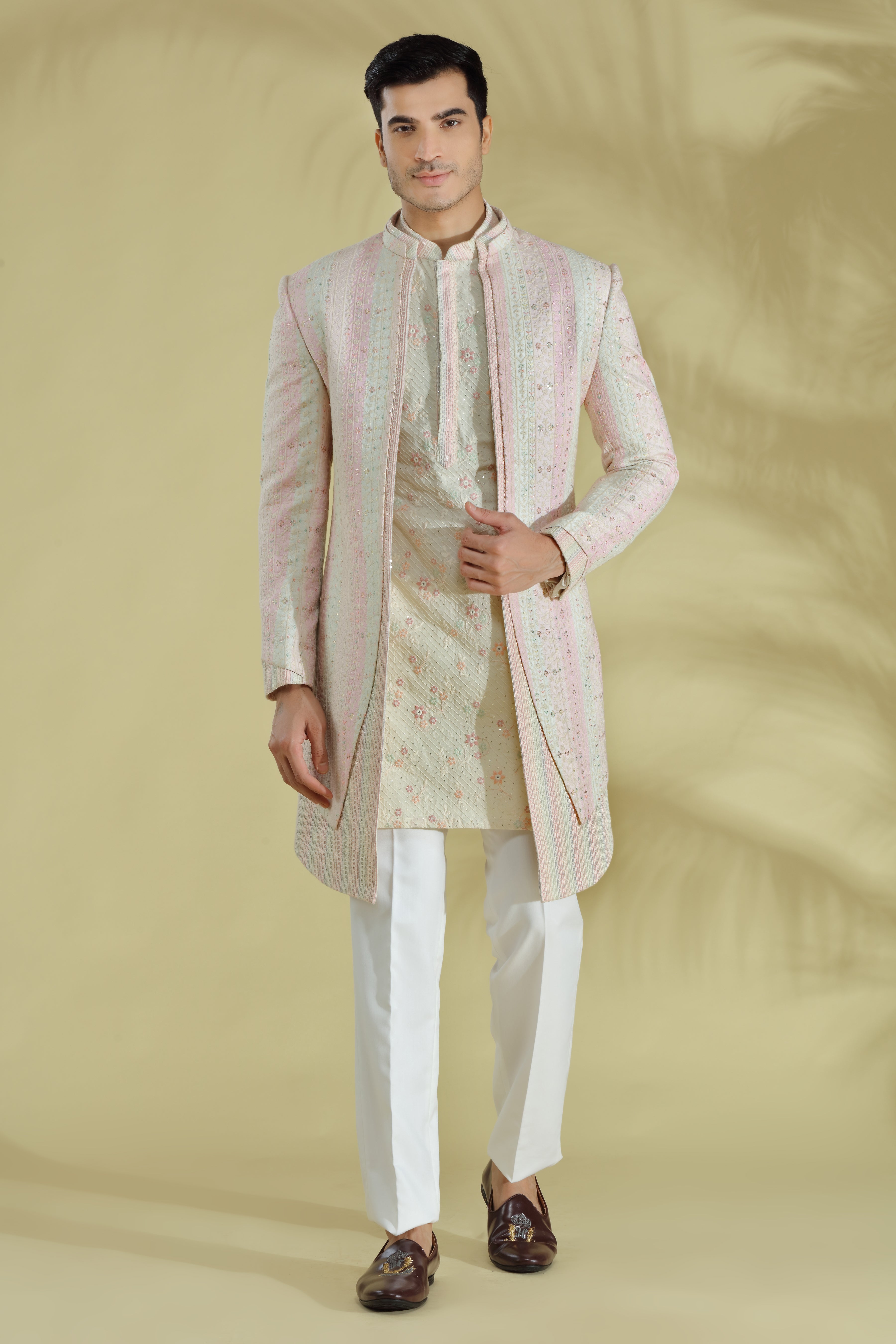 Buy Ivory Jacket- Georgette Embroidered Chikankari Arit Open And Kurta Set  For Men by Bohame Online at Aza Fashions.