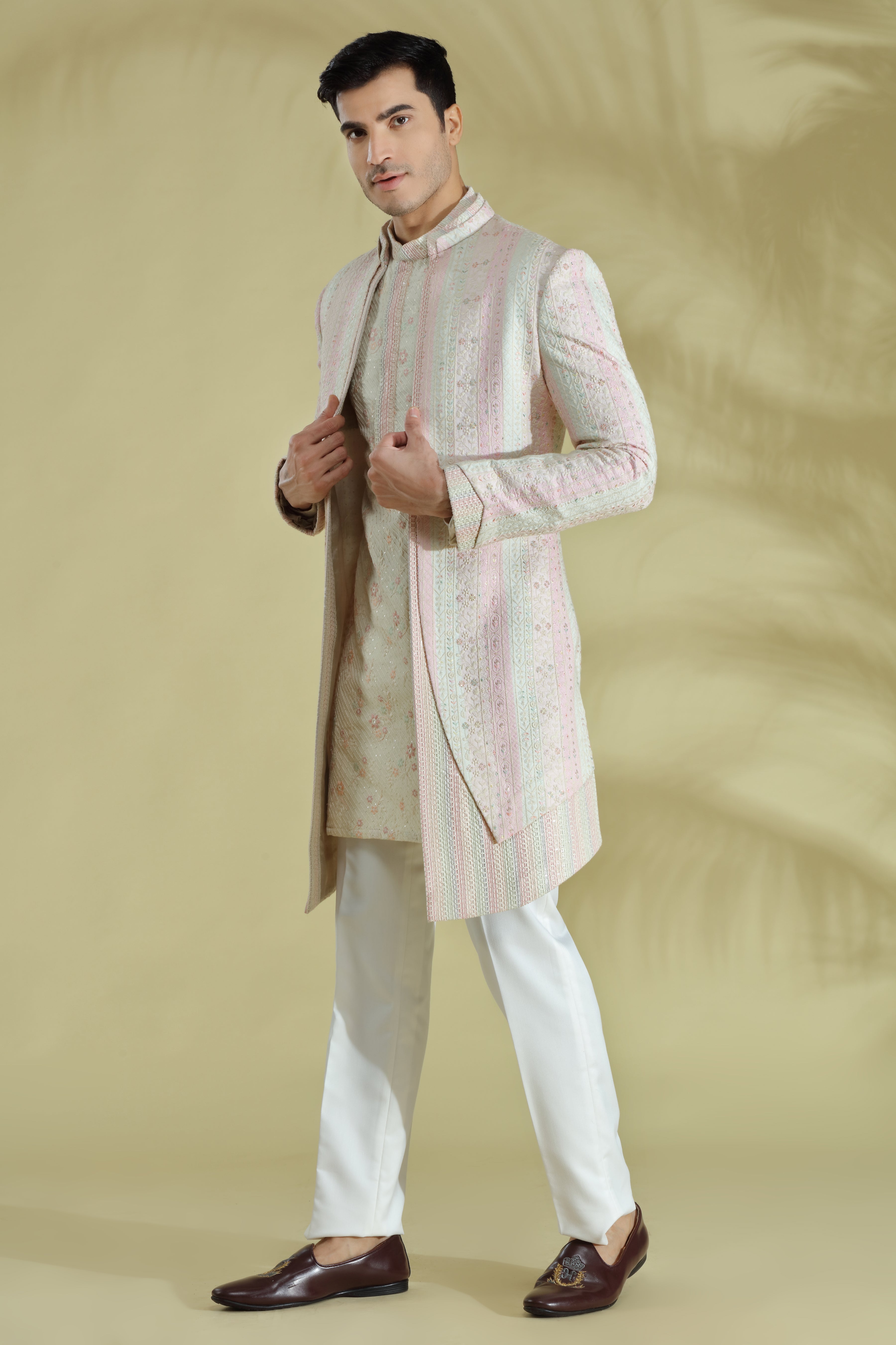 Pastel indowestern double layred jacket with short kurta , intricately embroidered with resham thread work and sequins. - Shreeman