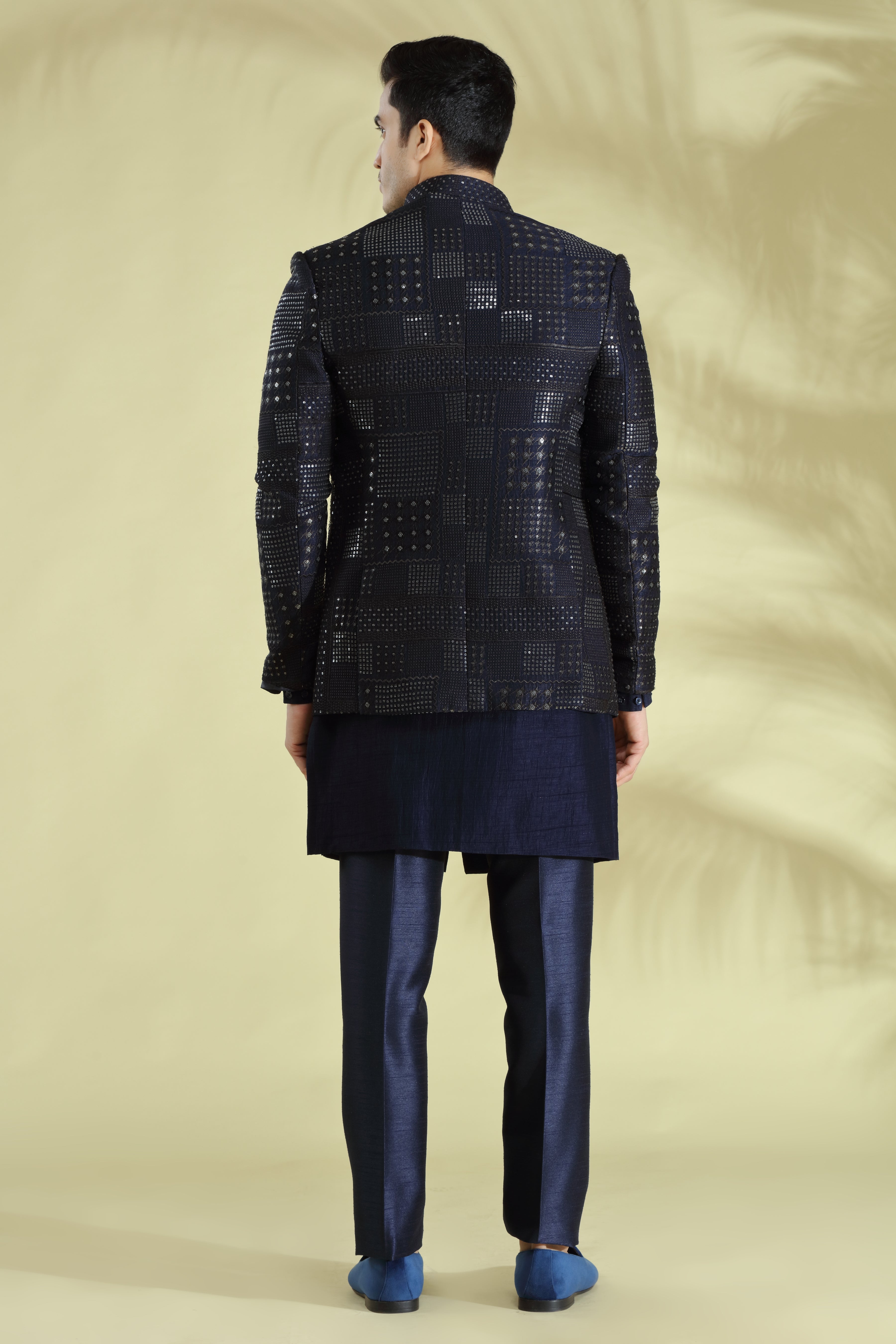 Dark Blue Indowestern set with self embroidered open jacket in resham threads and sequins work. - Shreeman