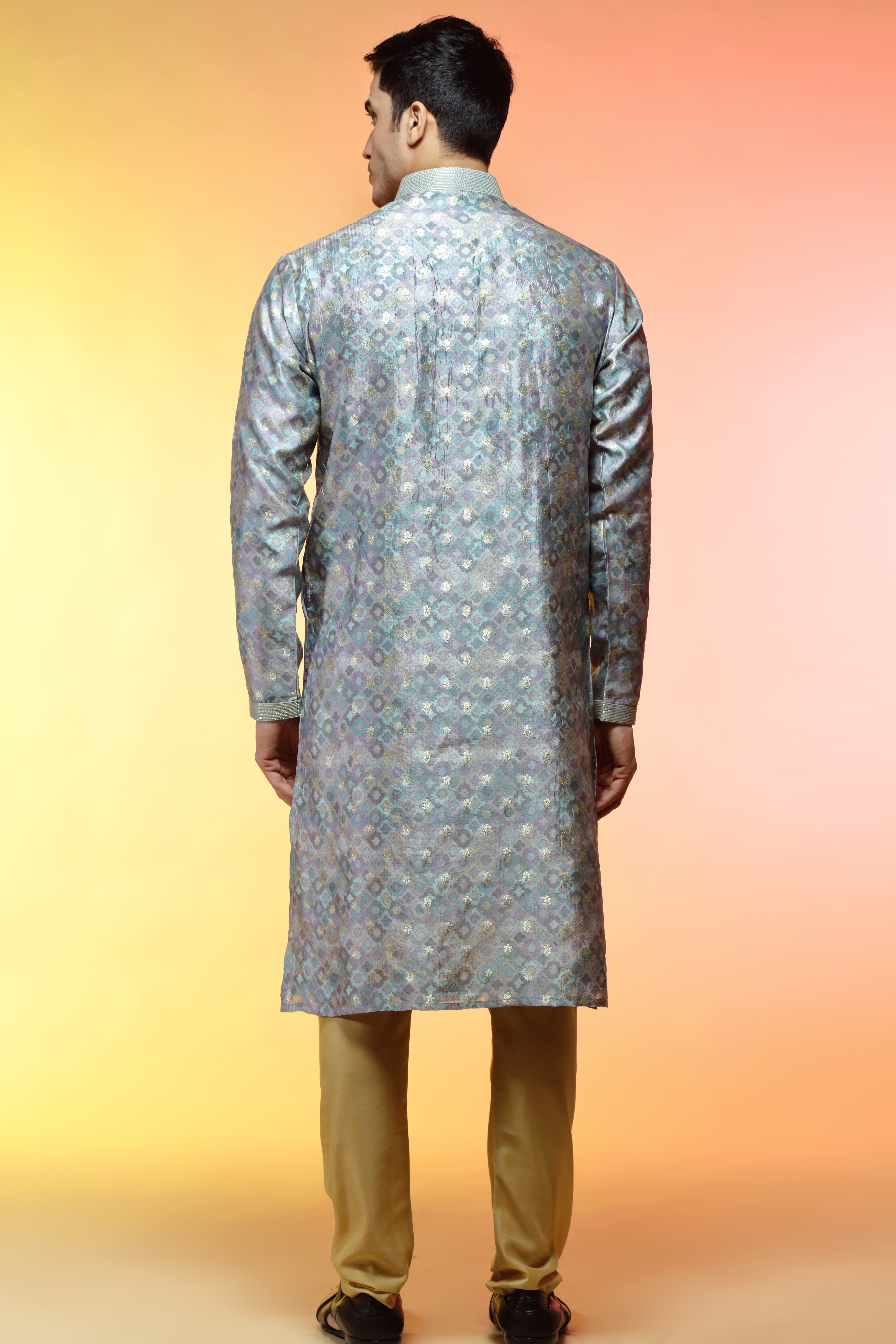 Pastel kurta set in banarasi silk with all over geometric patterns - Shreeman