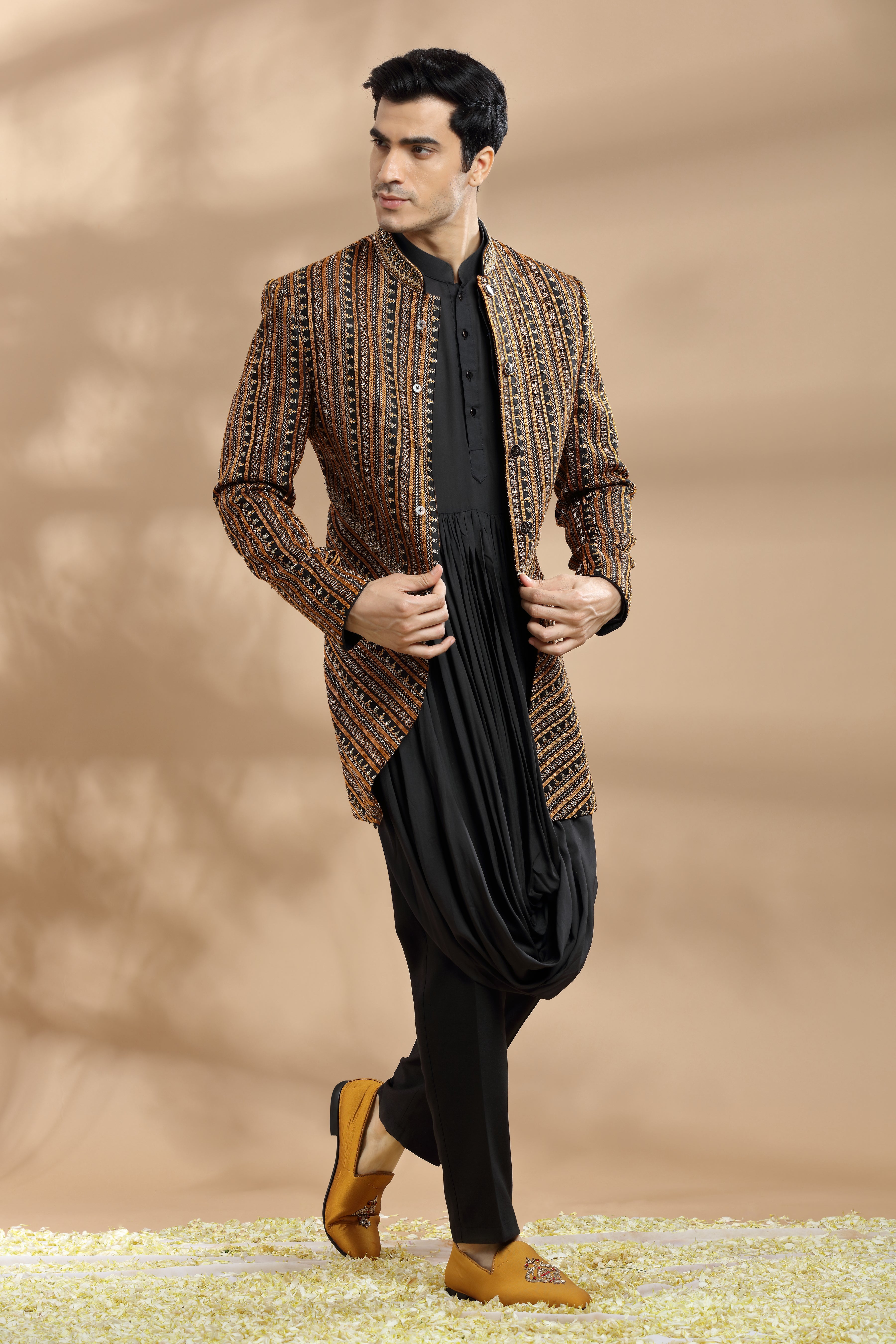 Mustard and Black Hand embroidered indo western jacket set with draped