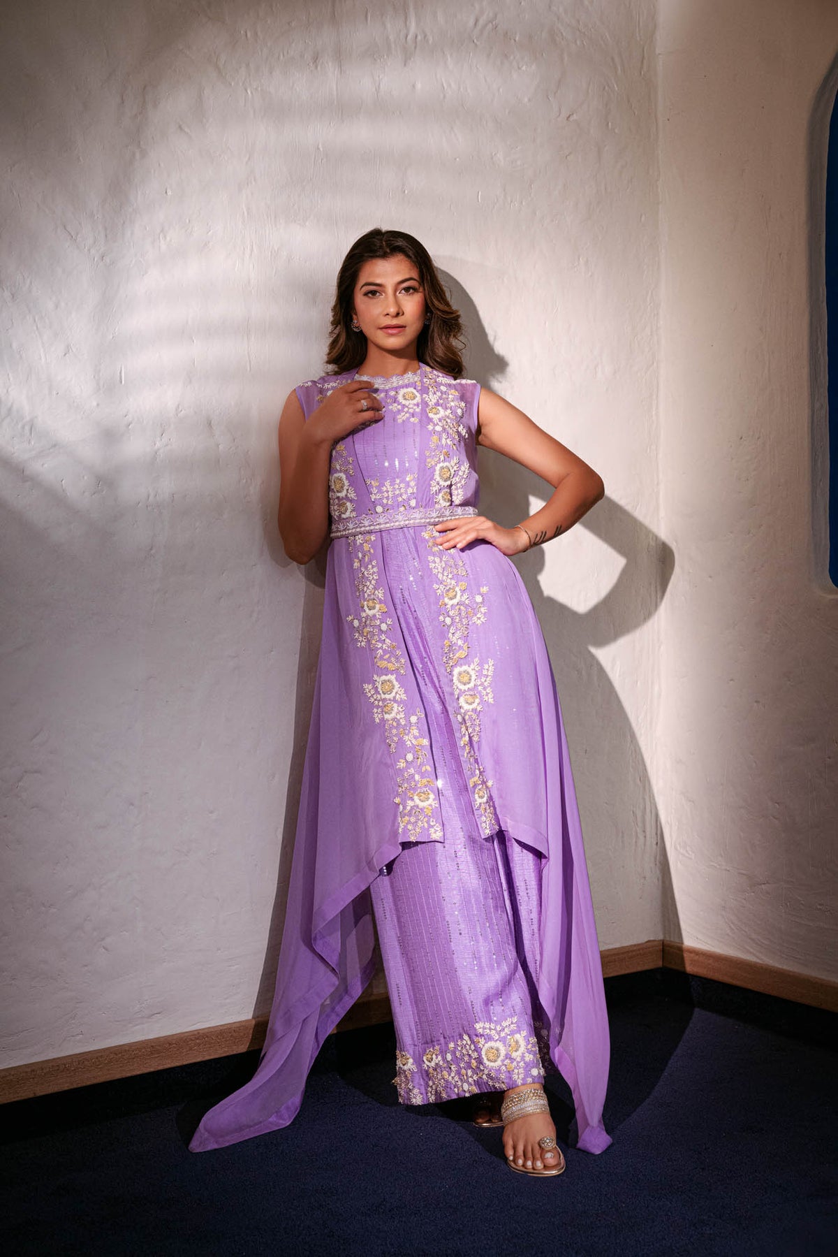 Lilac Silk & Crepe Jumpsuit With Khat Work | Shreeman
