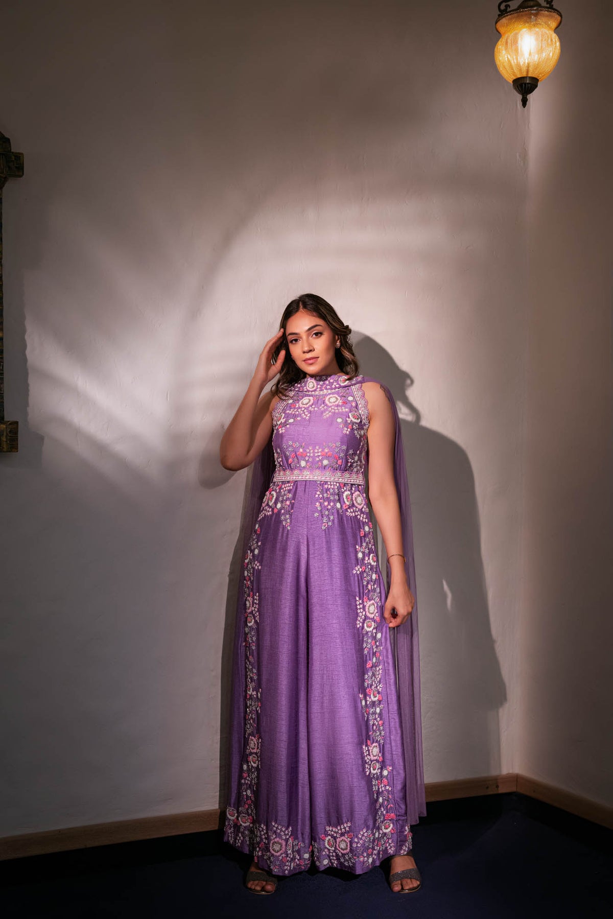 Lilac SIlk Jumpsuit With Khat Work | Shreeman