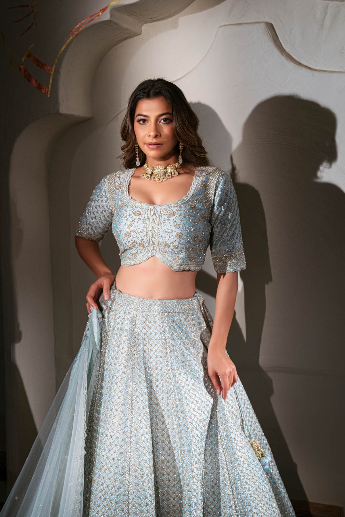 Mint blue raw silk khat work lehenga | Shreeman