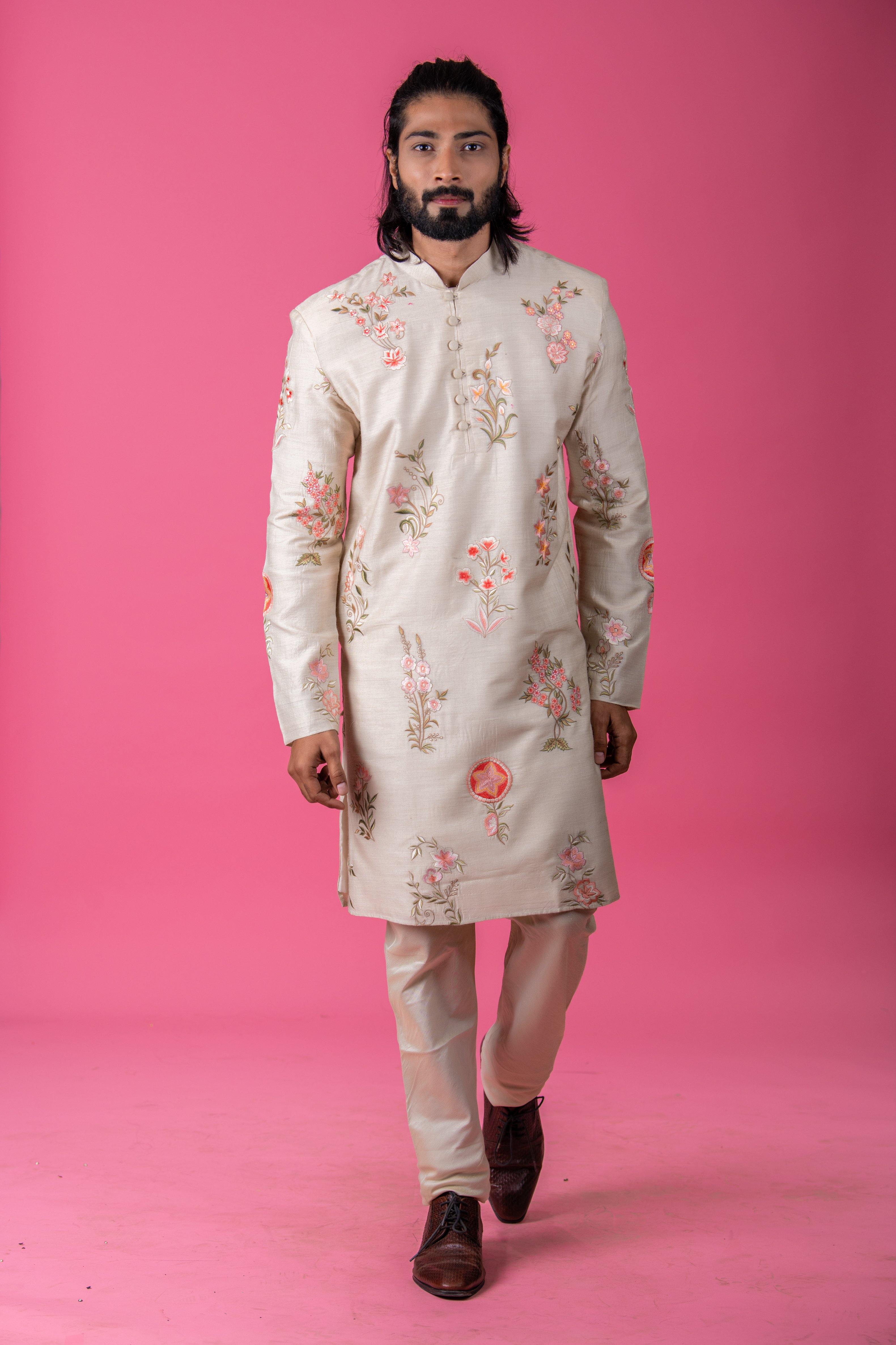 Beige Pure Munga Silk Kurta set