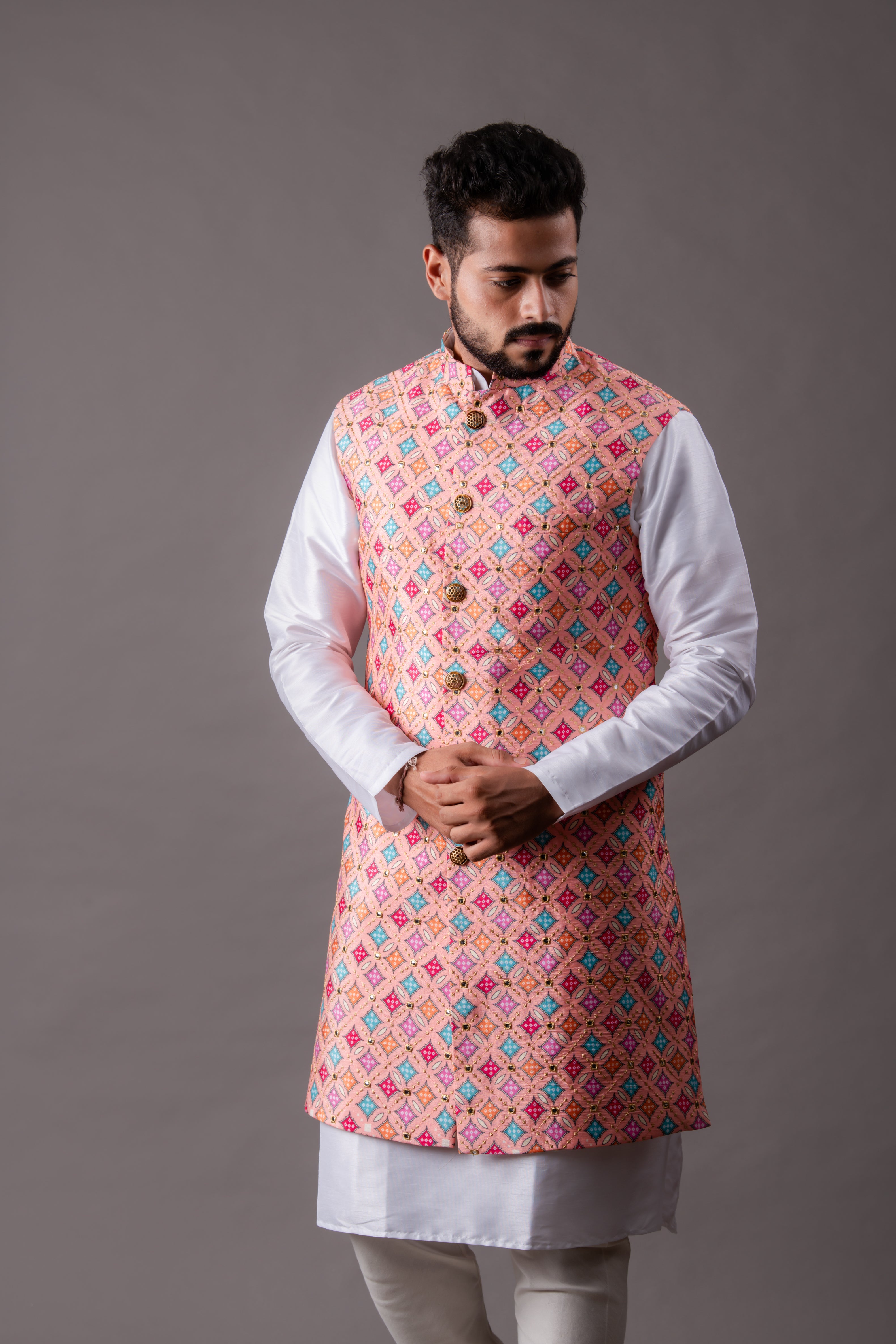 Off White Side Cut Pleated Kurta and Churidaar Paired with Onion Pink –  Curato