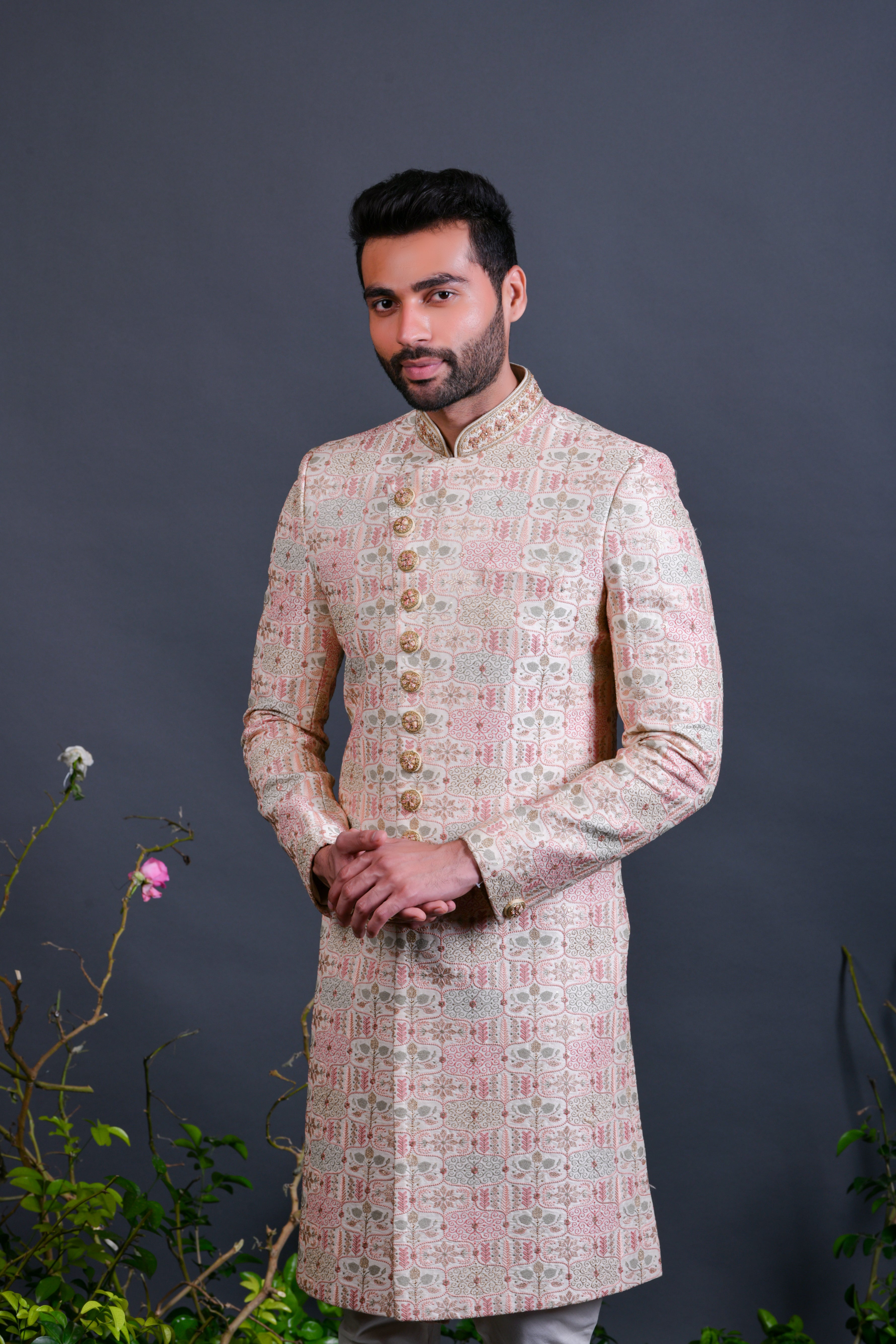 Pink Sherwani in Lucknowi With Chudidar (S) 36 Pink