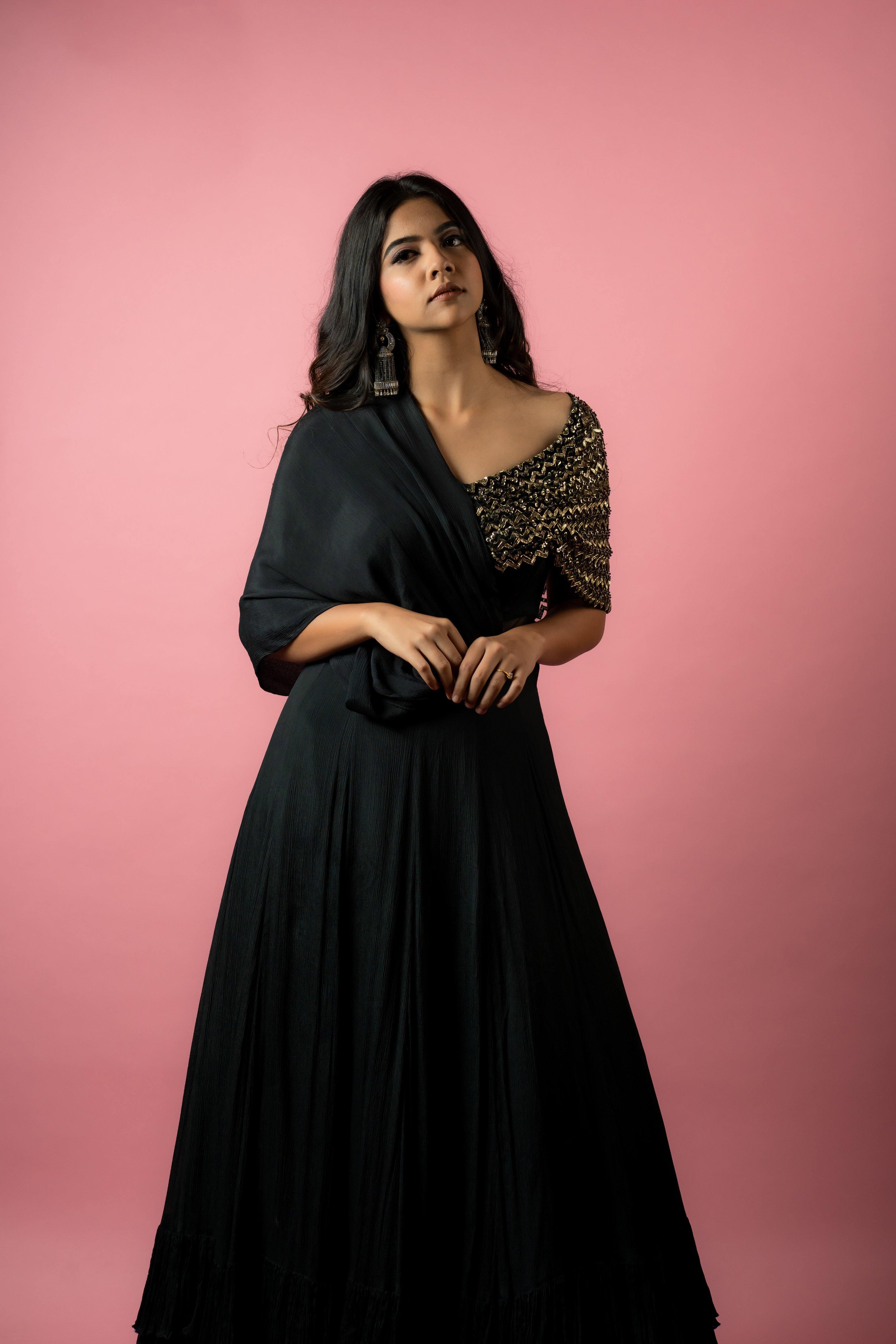 Buy Black Silk Organza Embroidery Thread Round Floral Gown For Women by  Jasmine Bains Online at Aza Fashions.