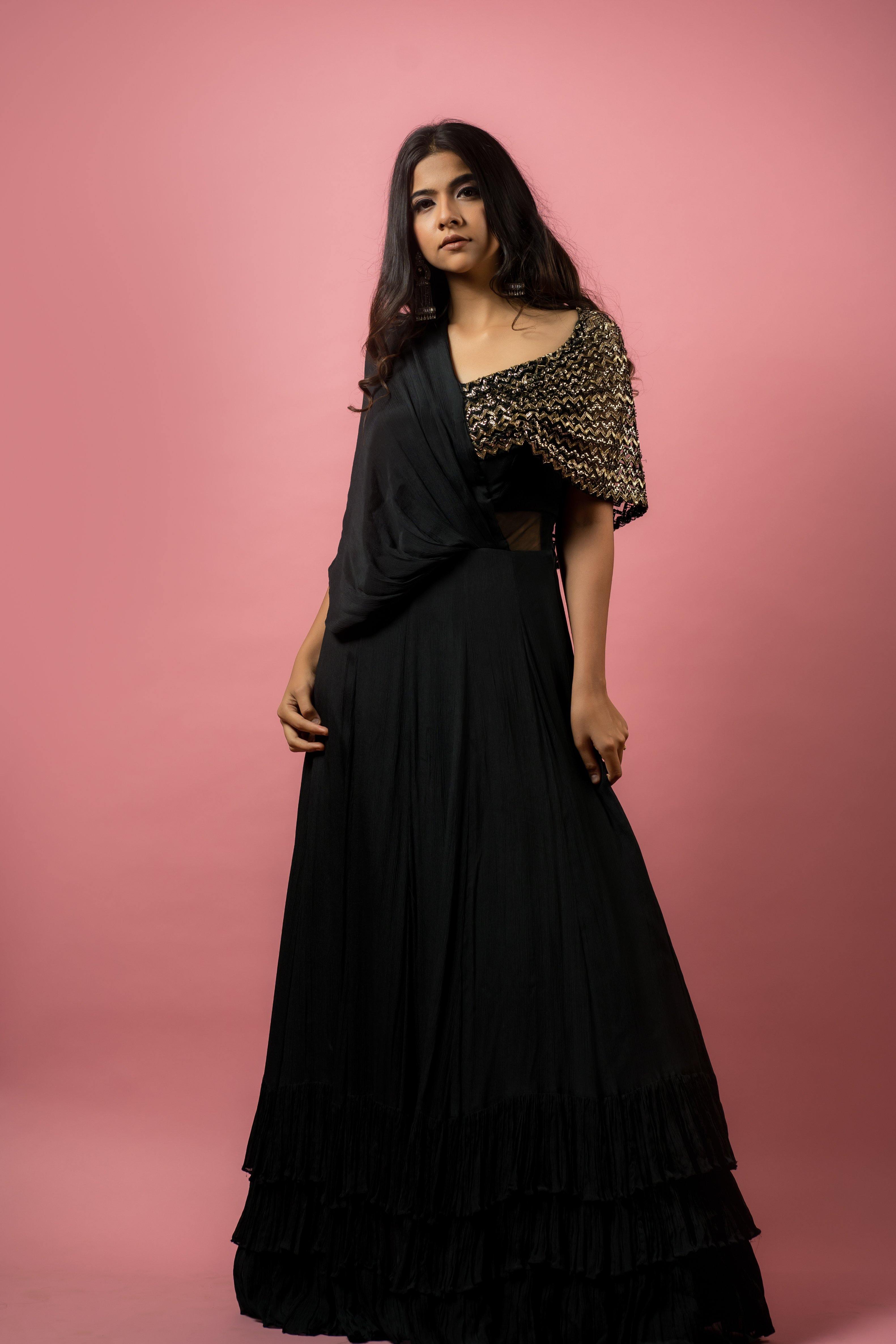 Shoulder Long Black Western Dress Black Chinon Crepe Regular Gown With Embellished Bodice Shreeman Shoulder Long Black Western Dress Black Chinon Crepe Regular Gown With Embellished Bodice Shreeman