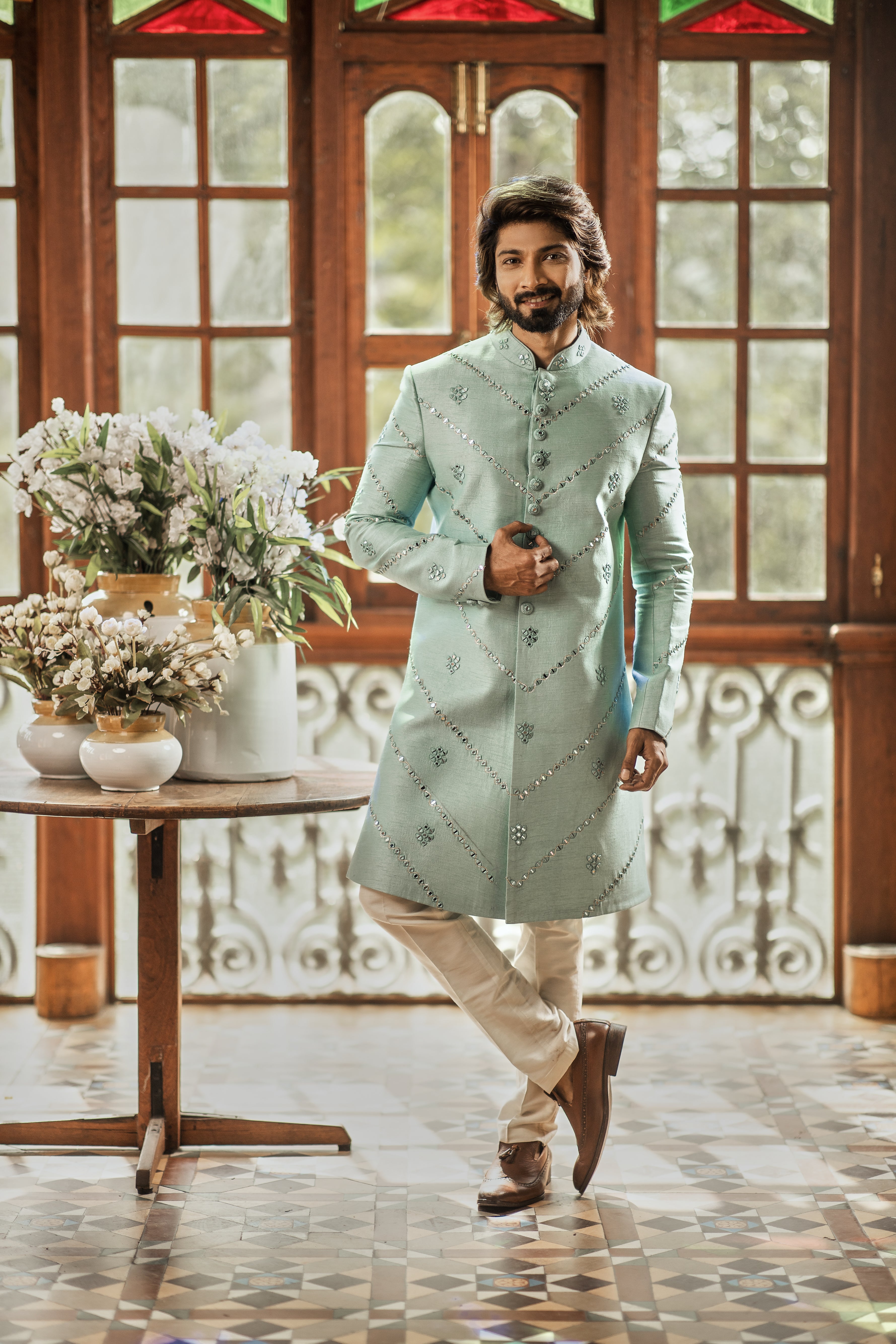 Sea green indo western for Men with mirror work | Shreeman Sea green indo western for Men with mirror work | Shreeman