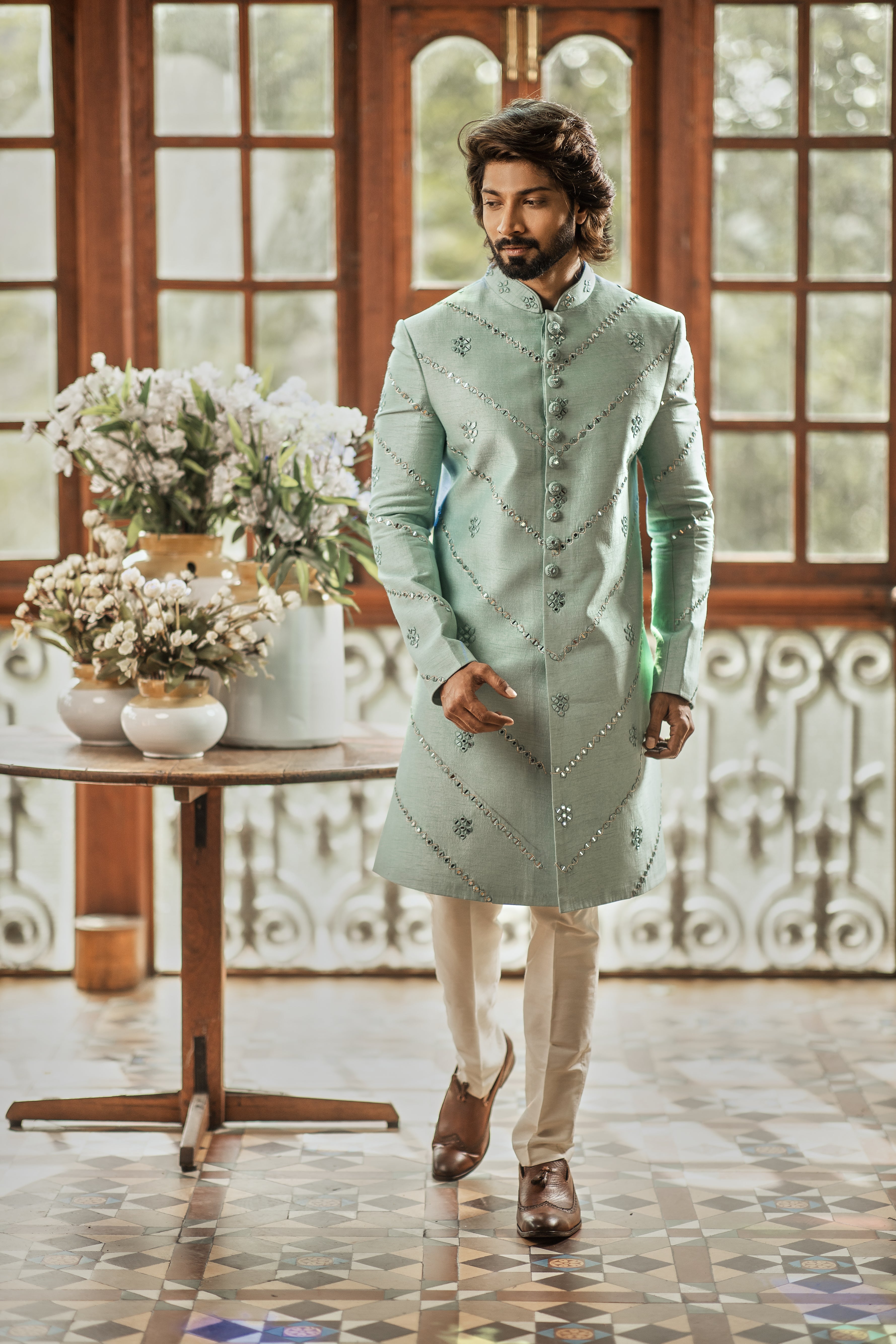 Sea green indo western for Men with mirror work Sea green indo western for Men with mirror work