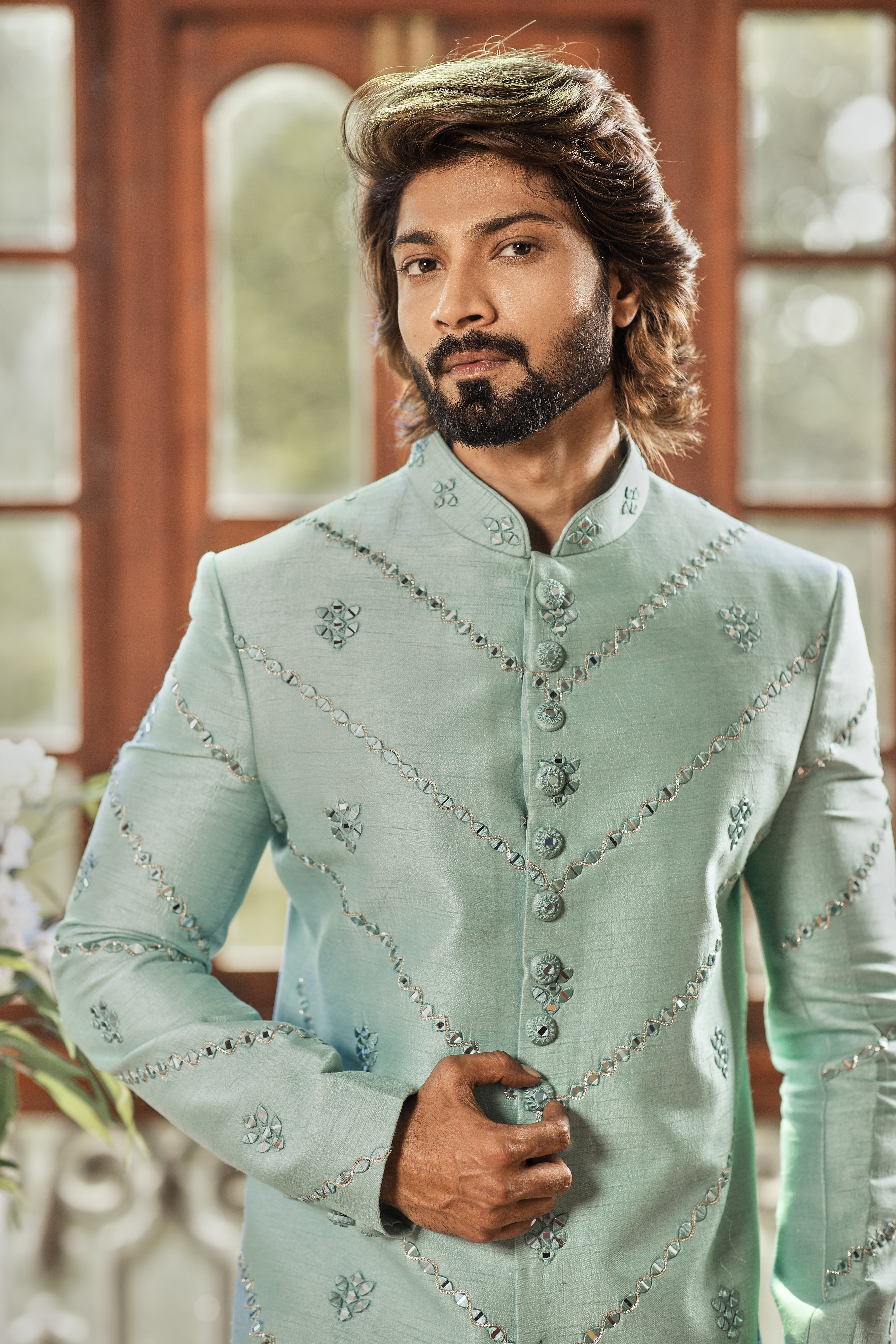 Aesthetic Men In Wedding Dresses Sea Green Indo Western For Men