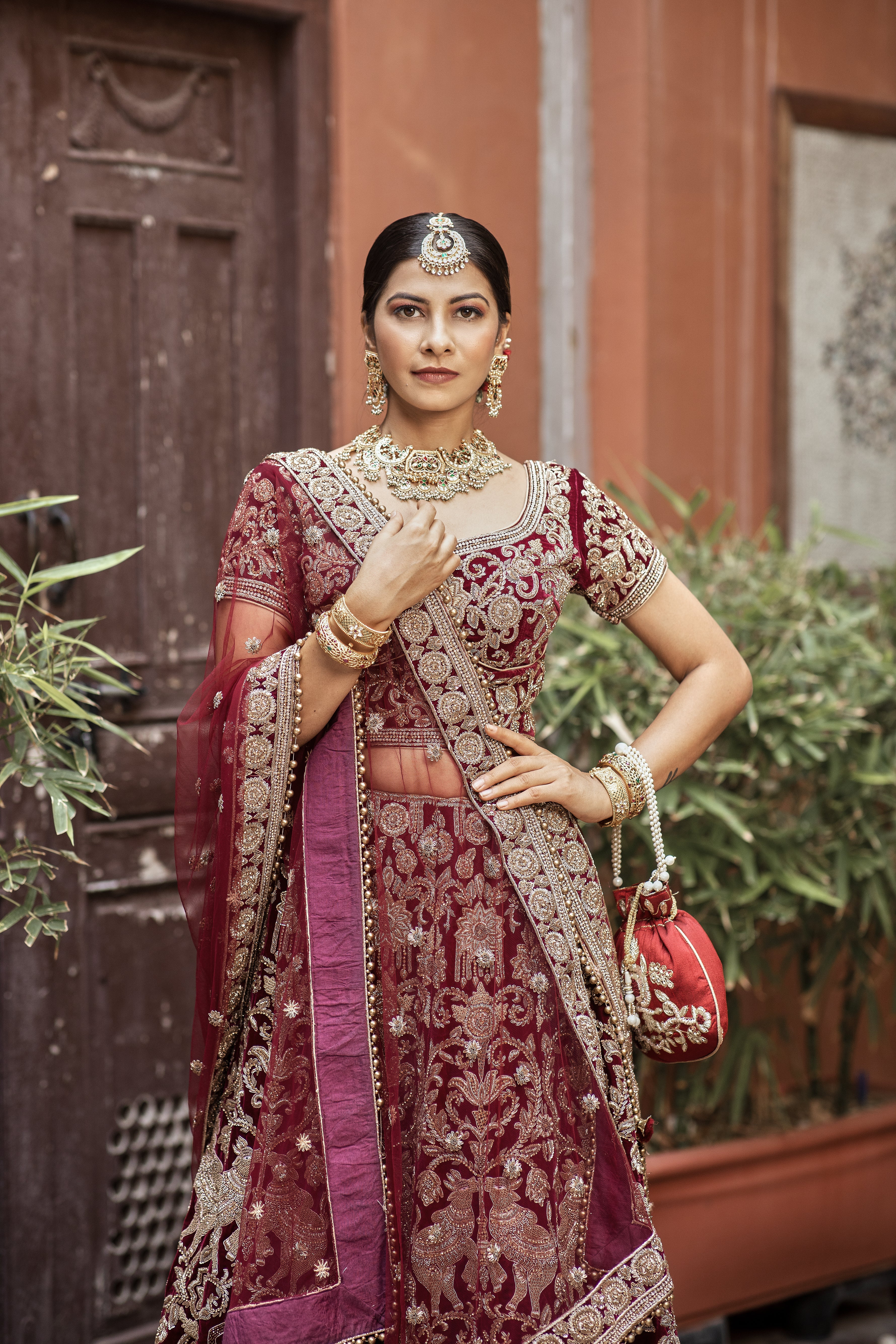 Maroon bridal lehenga choli in velvet with zardoshi work (L) 40 Light Maroon