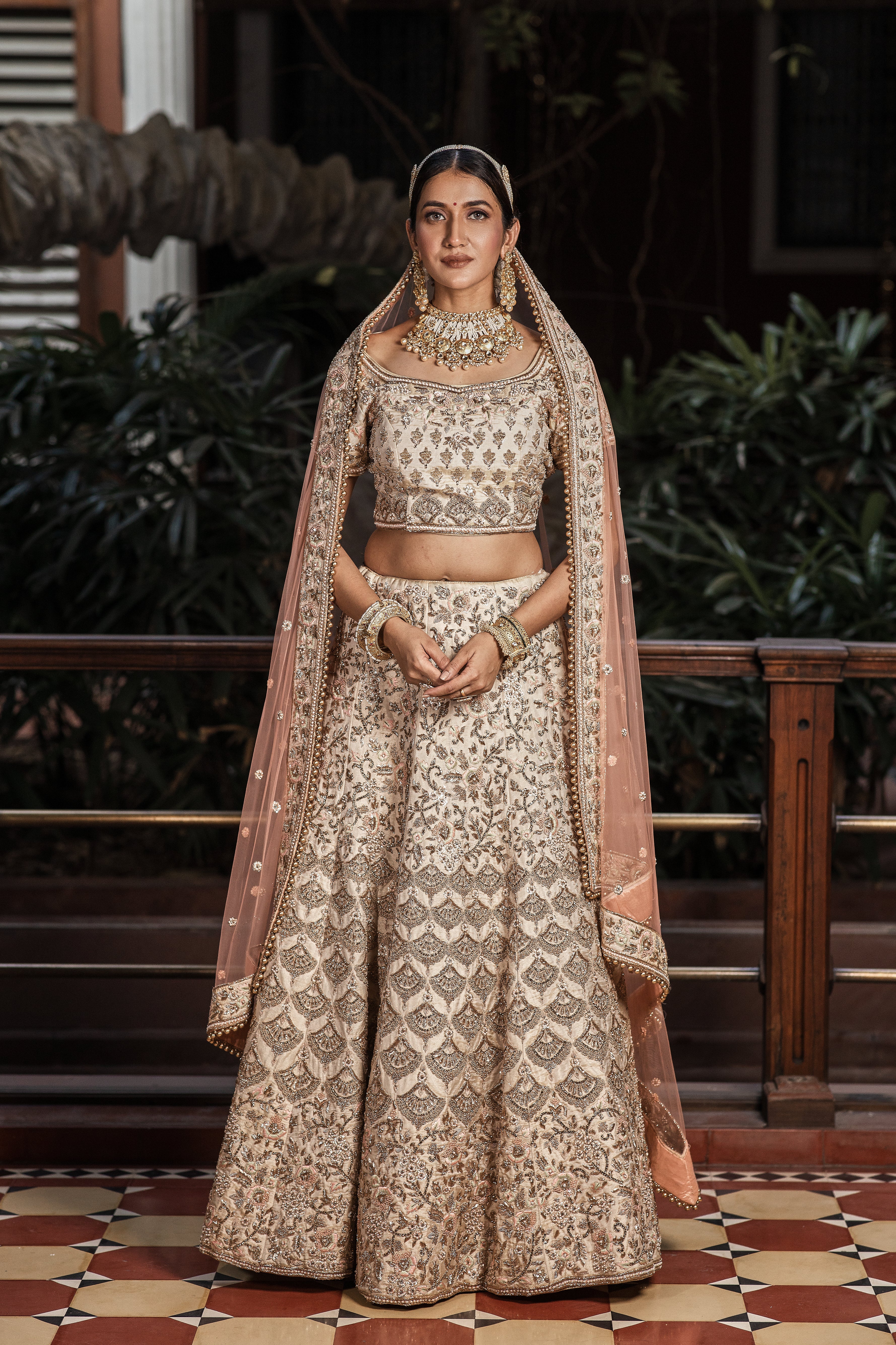 Cream bridal lehenga choli in raw silk with zardoshi work (L) 40 Cream