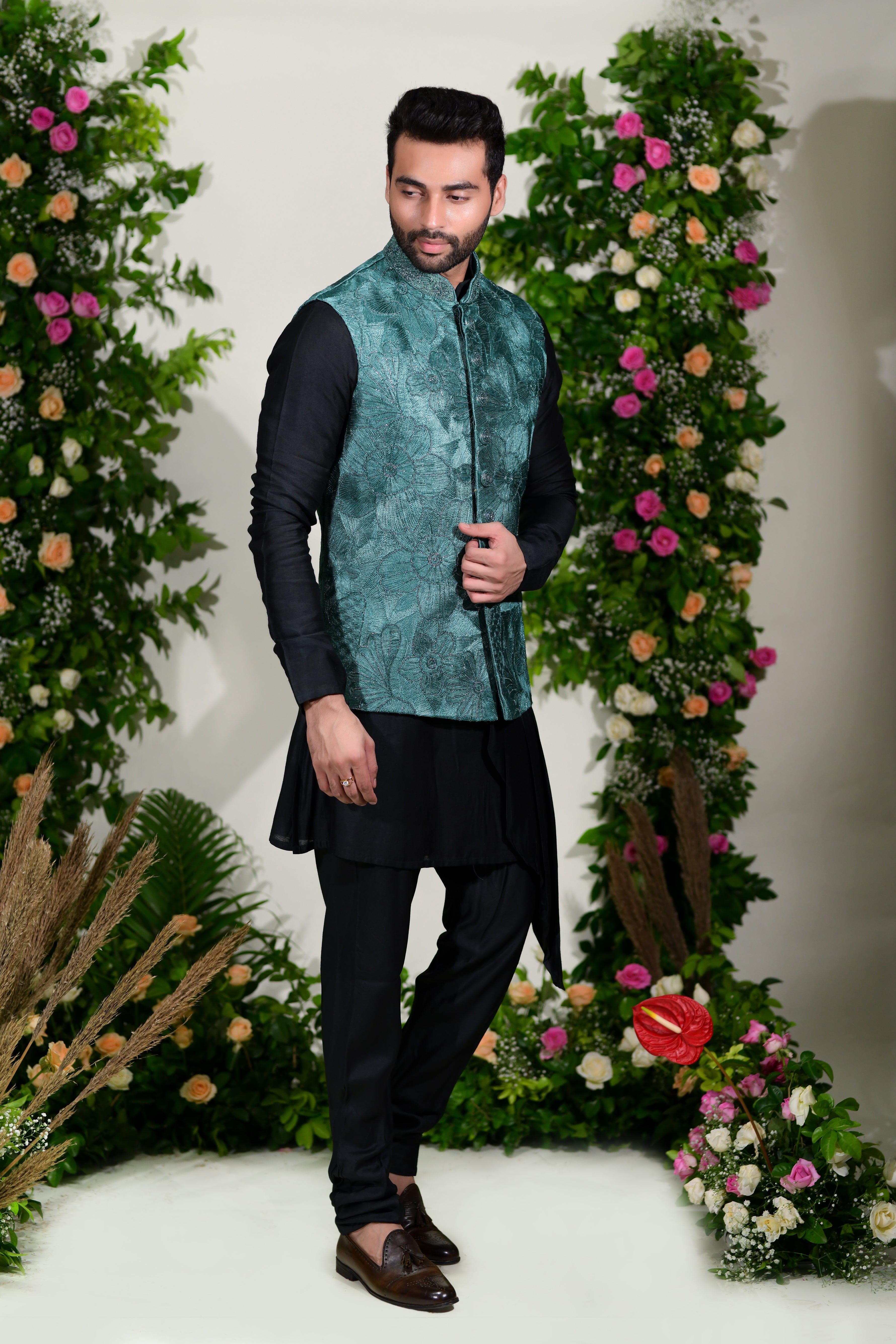 Buy Sea green jacket set in resham and zardoshi work with modern