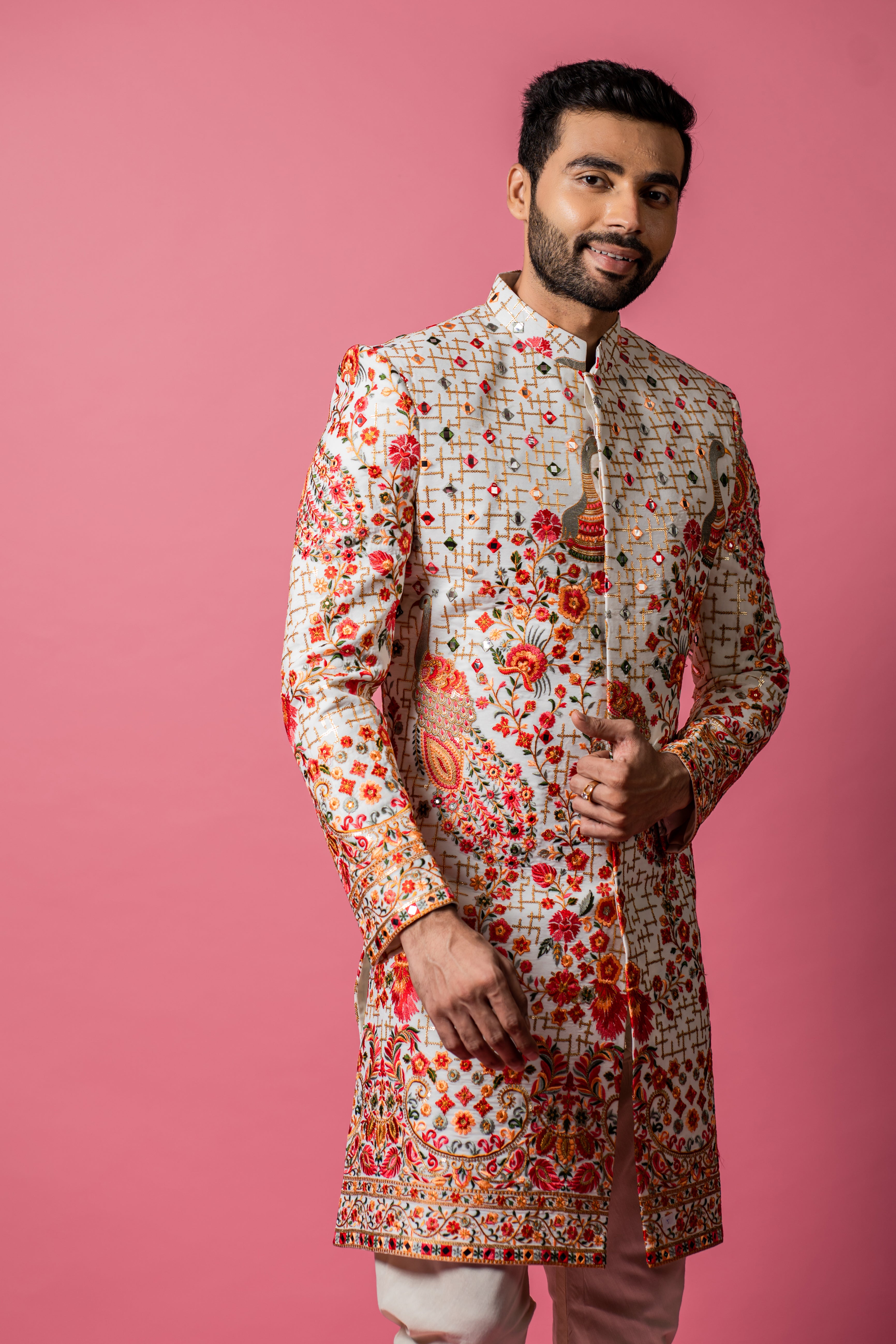 Cream Sherwani In Resham And Mirror Work - Main Image