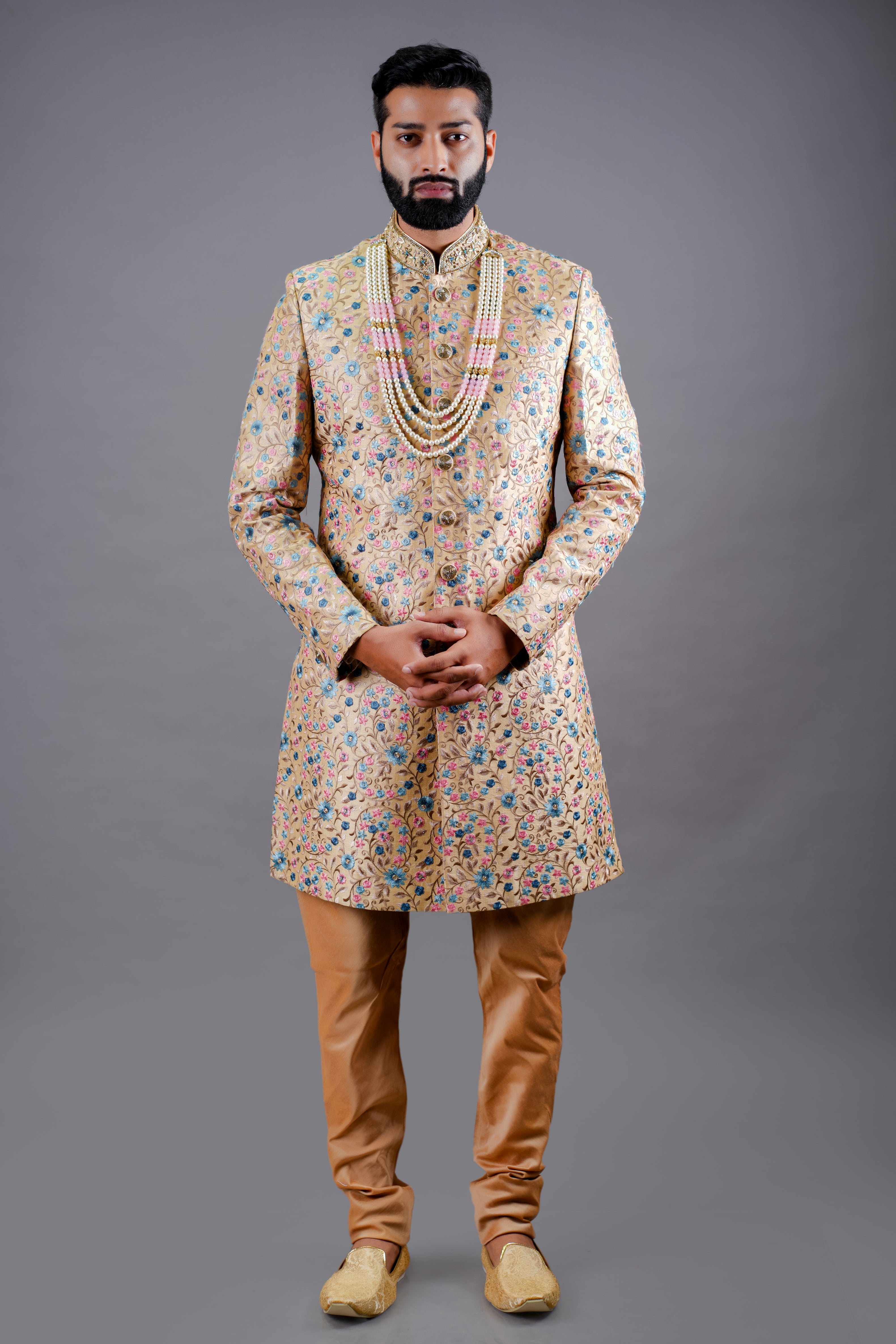 Beige Sherwani with multicolour embroidery