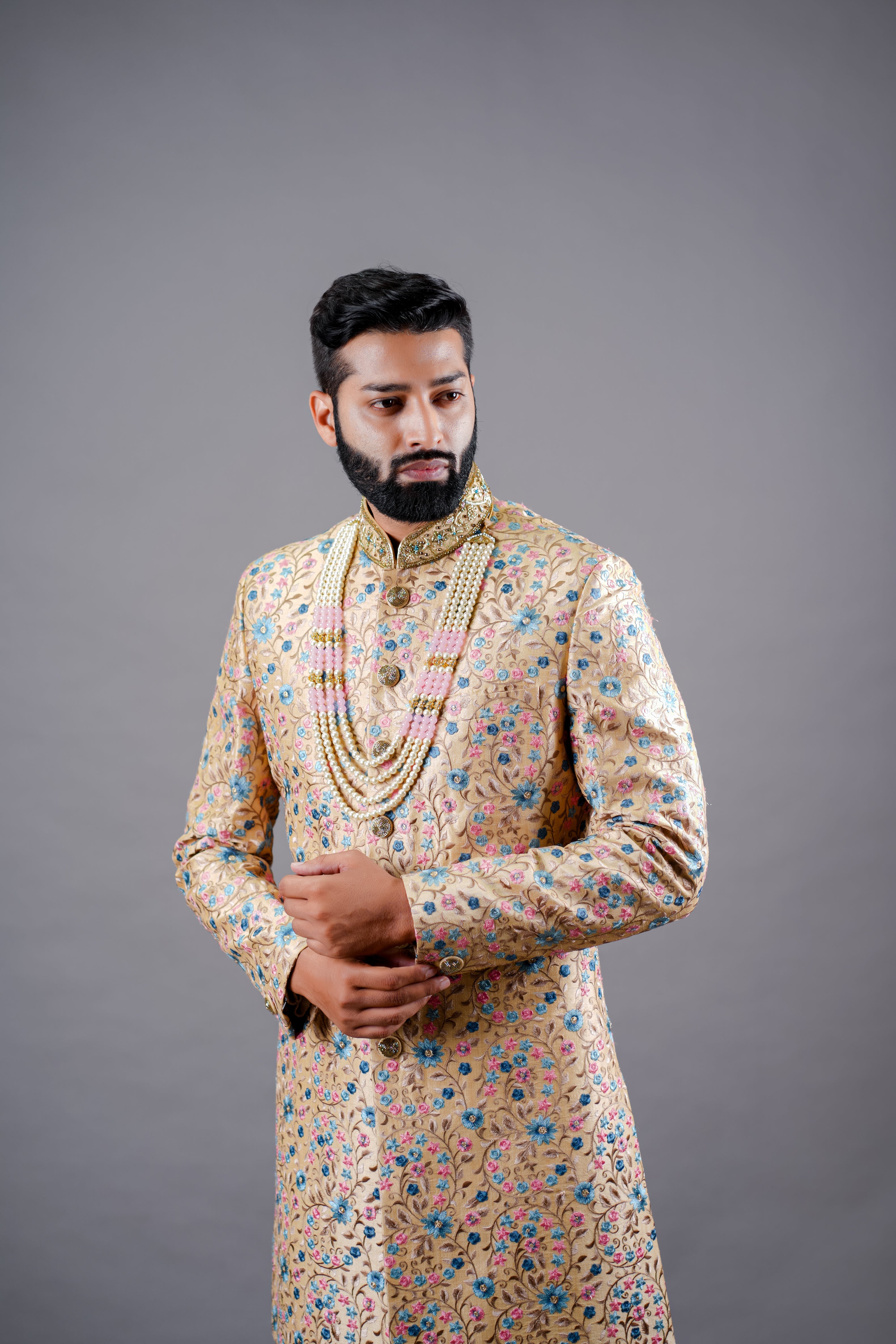 Beige Sherwani with multicolour embroidery - Main Image