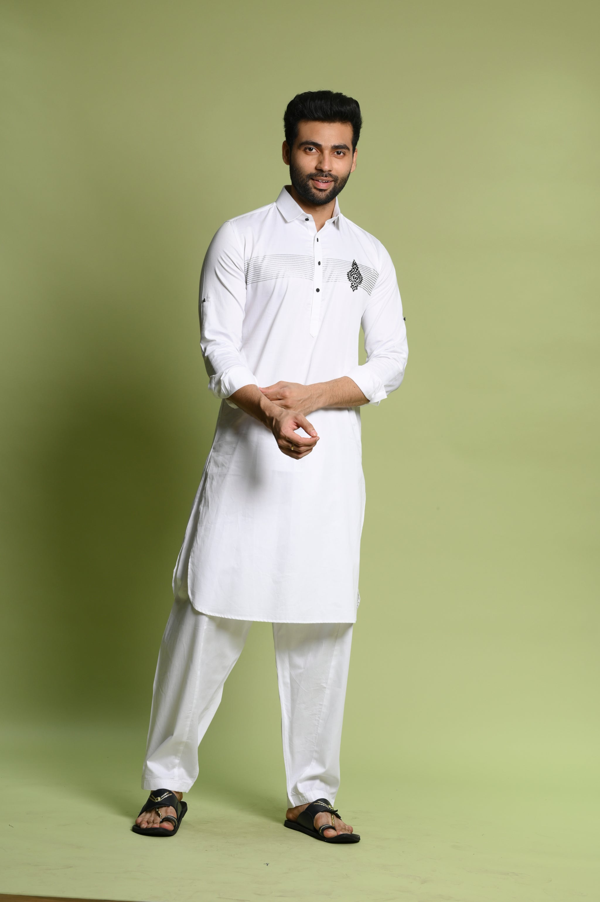 Buy White Cotton Satin Slim Fit Pathani Set | Shreeman