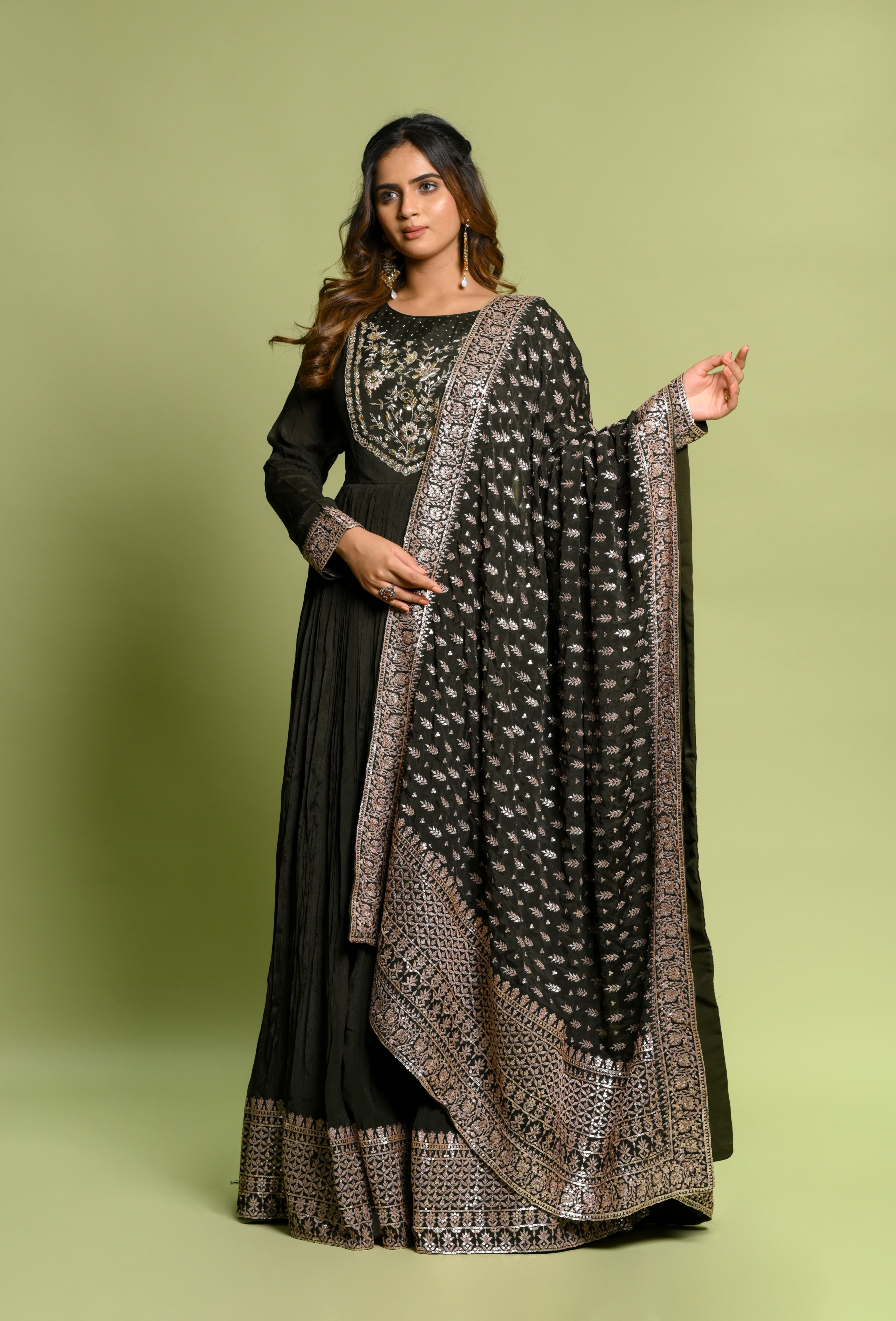 Mehendi Georgette Gown with Embroidered Dupatta | Shreeman Mehendi Georgette Gown with Embroidered Dupatta | Shreeman