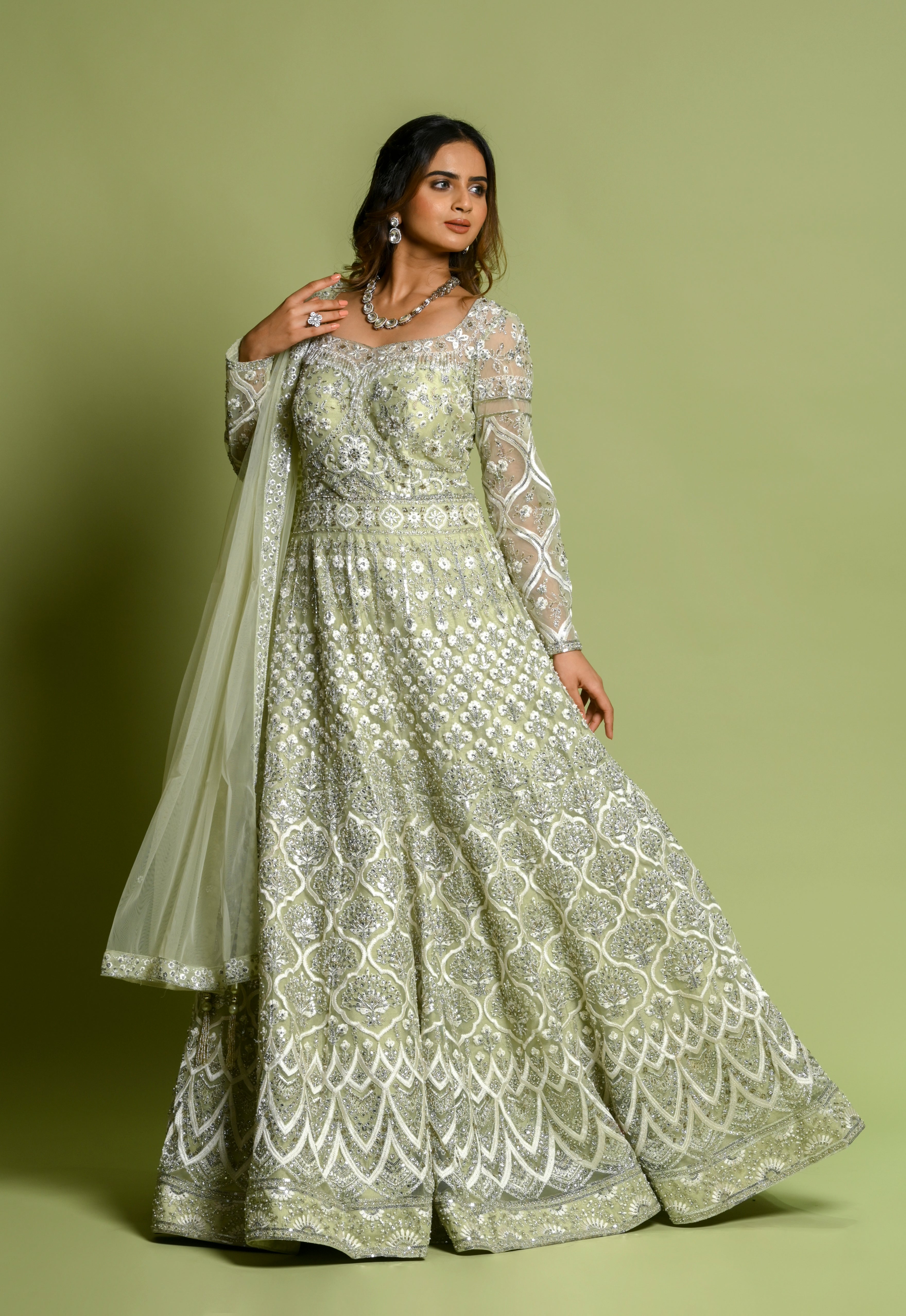 Mint Green Gown with Net Dupatta in Kasab Work | Shreeman (XL) 42 / Mint Green Mint Green Gown with Net Dupatta in Kasab Work | Shreeman (XL) 42 / Mint Green