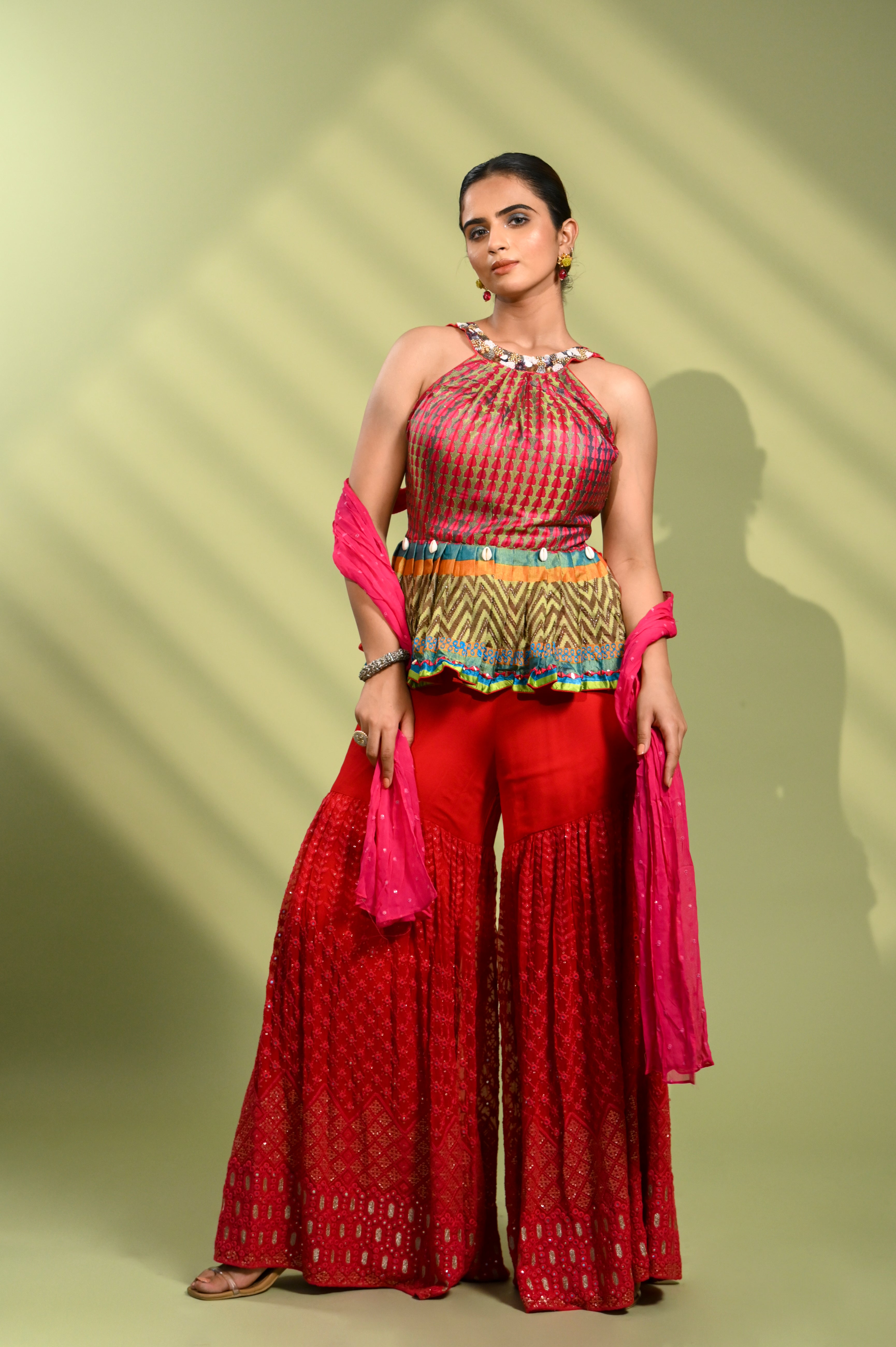 Rani Pink Sharara Set with Peplum Top in Silk | Shreeman