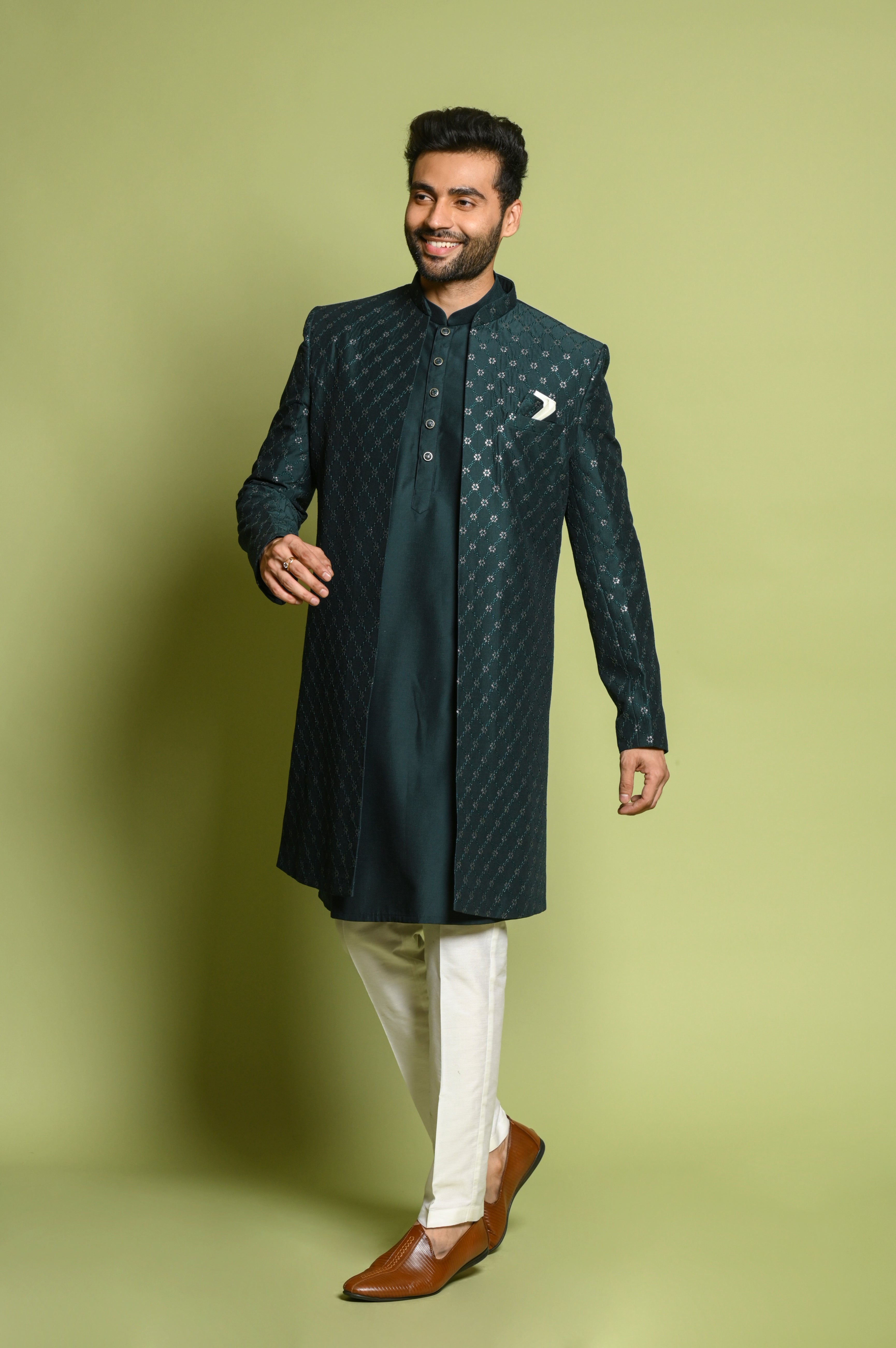 Fetching Sky Blue Jacquard Fabric Wedding Wear Indo Western For Men