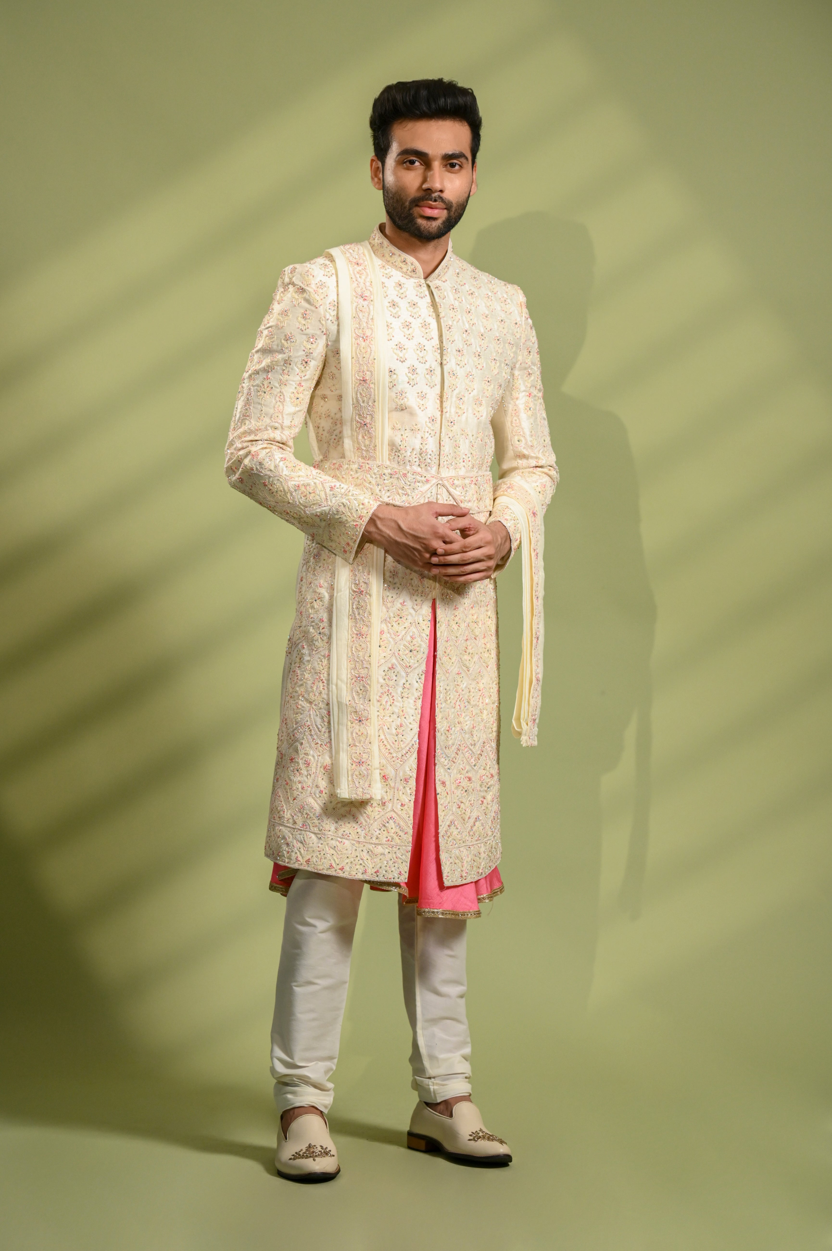 Cream Sherwani for Groom with Belt in Swarovski Work Shreeman