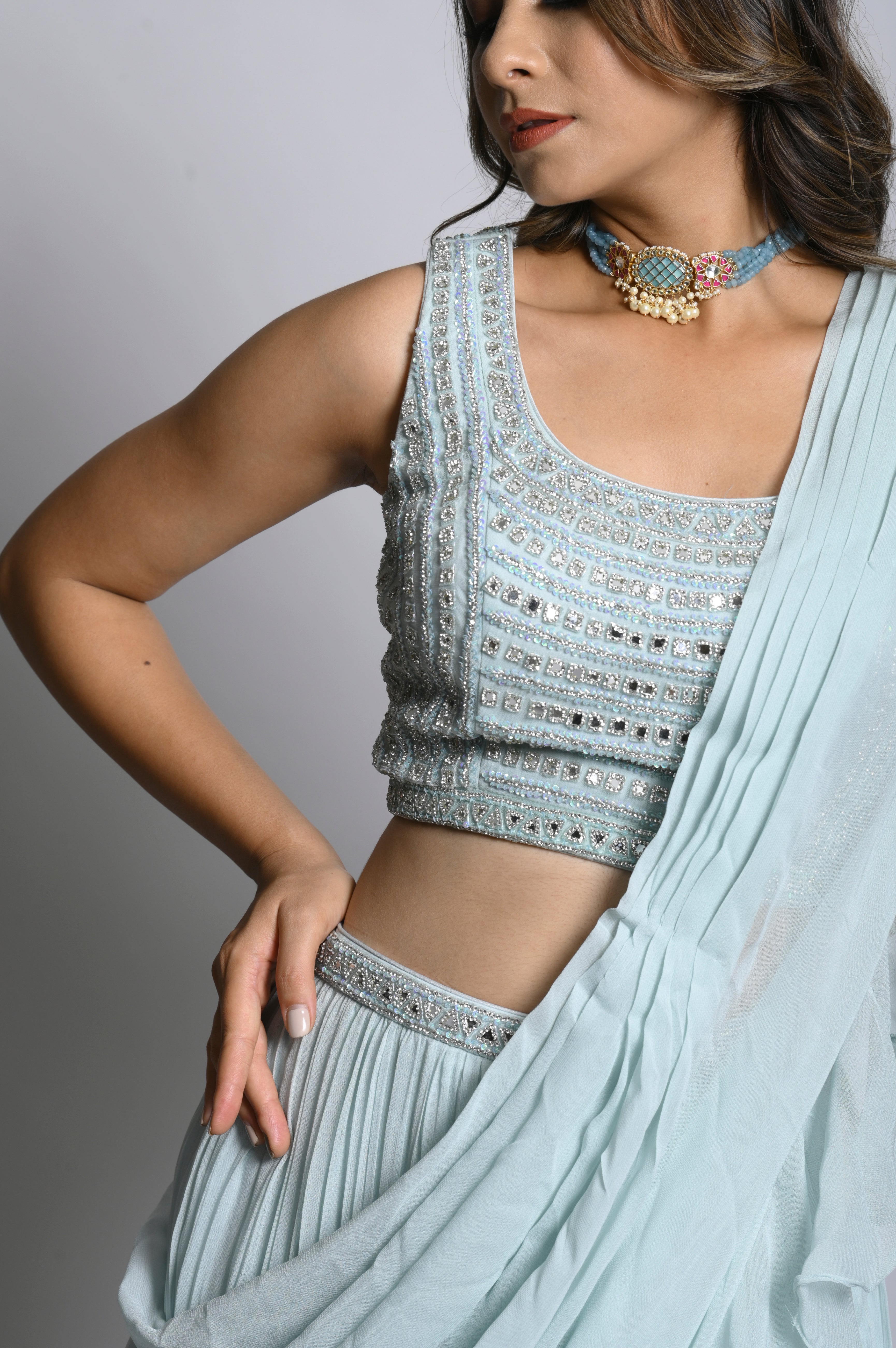 Reeti Arneja sterling grey crop top skirt. Jewelry from Raabta by Rahul  Styled by Merry Käufer Wedding stylis… | Fashion photoshoot, Bridal wear,  Raw silk lehenga