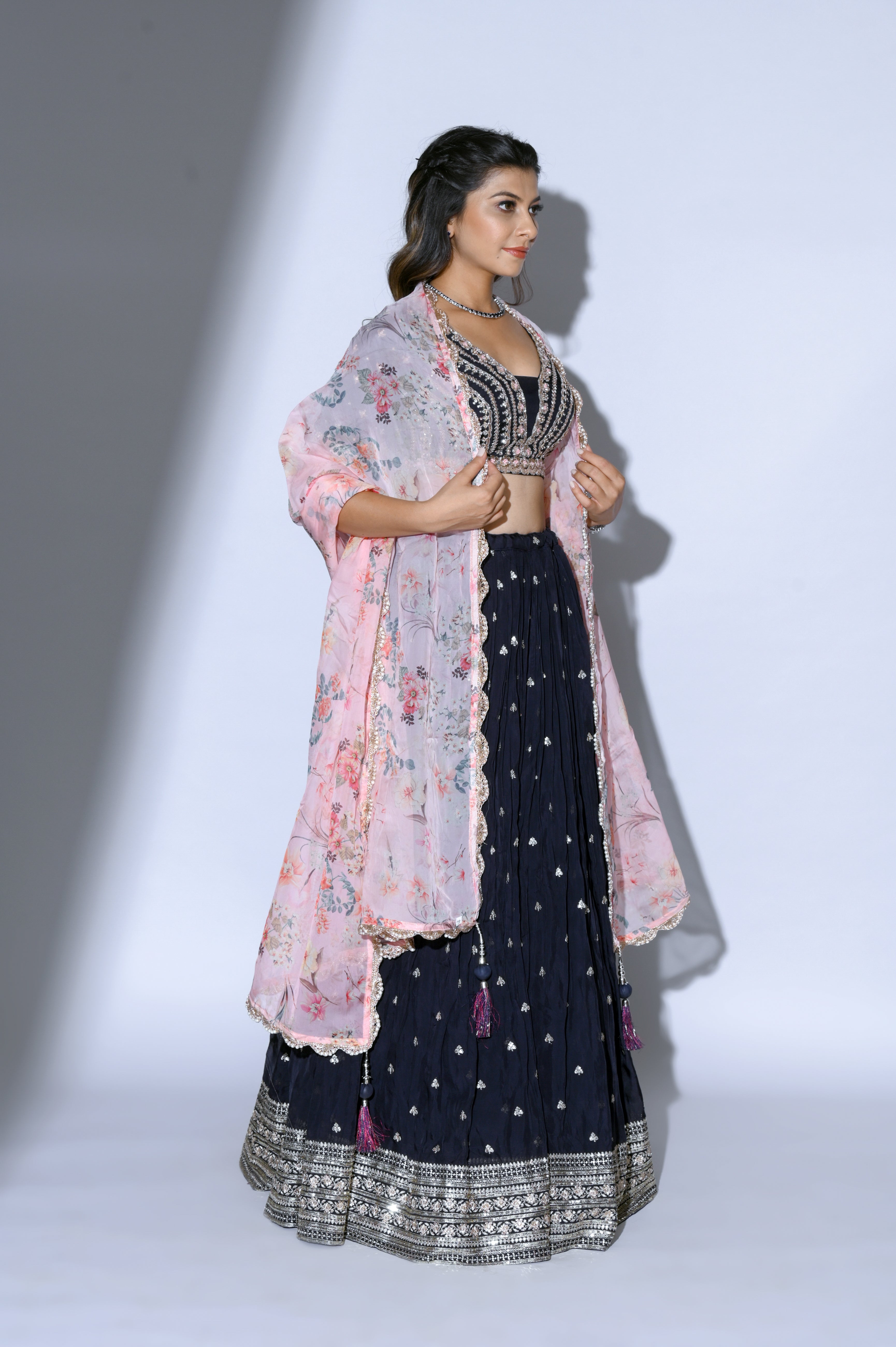 Alluring Navy Blue Sequins Embroidered semi velvet Semi Stitched Ghagra  choli - MEGHALYA - 2803004