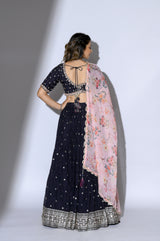 navy blue lehenga choli in pearl and zardoshi work with designer dupatta | Shreeman