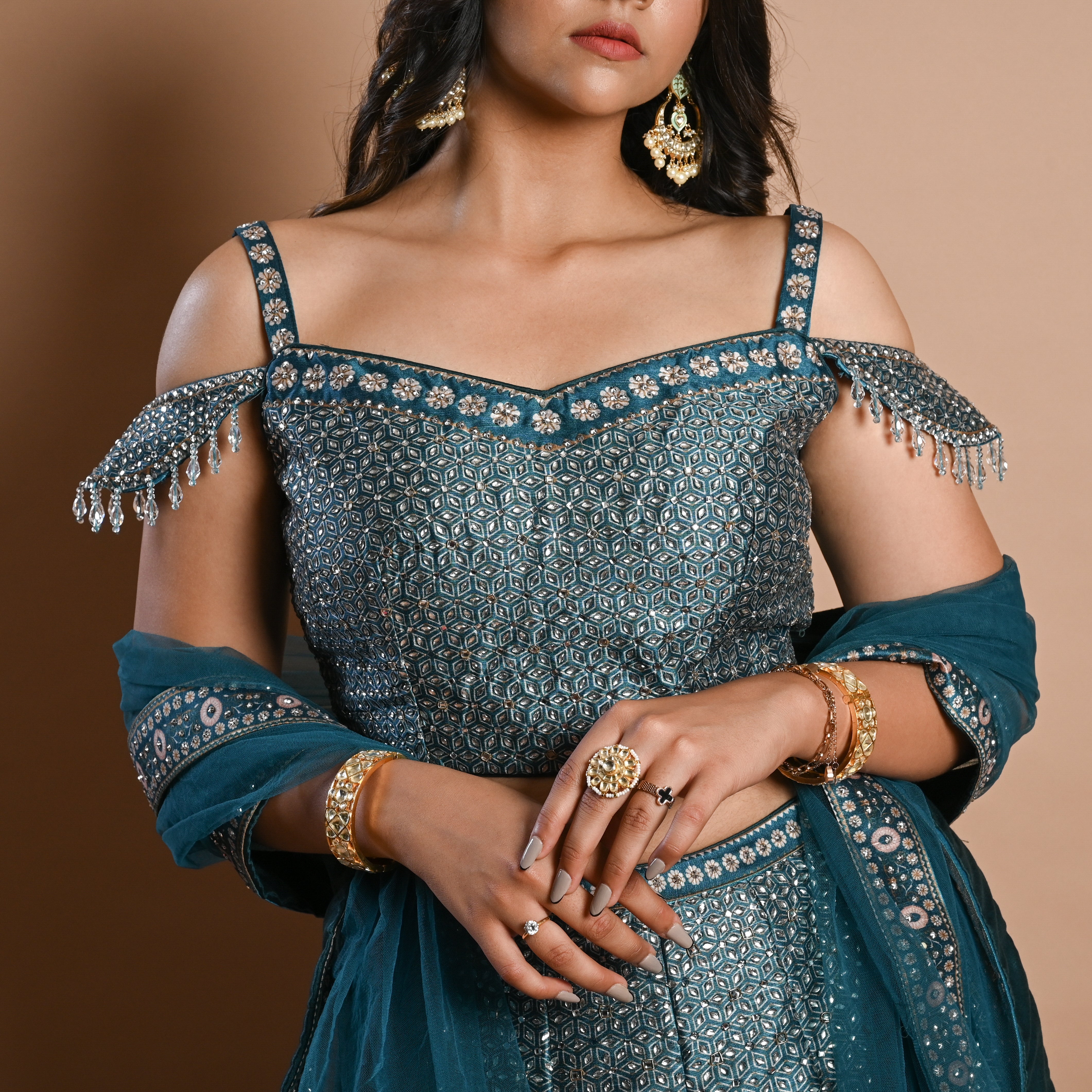 Dusty Peach Lehenga and Off Shoulder Blouse - Rent - ShopperBoard