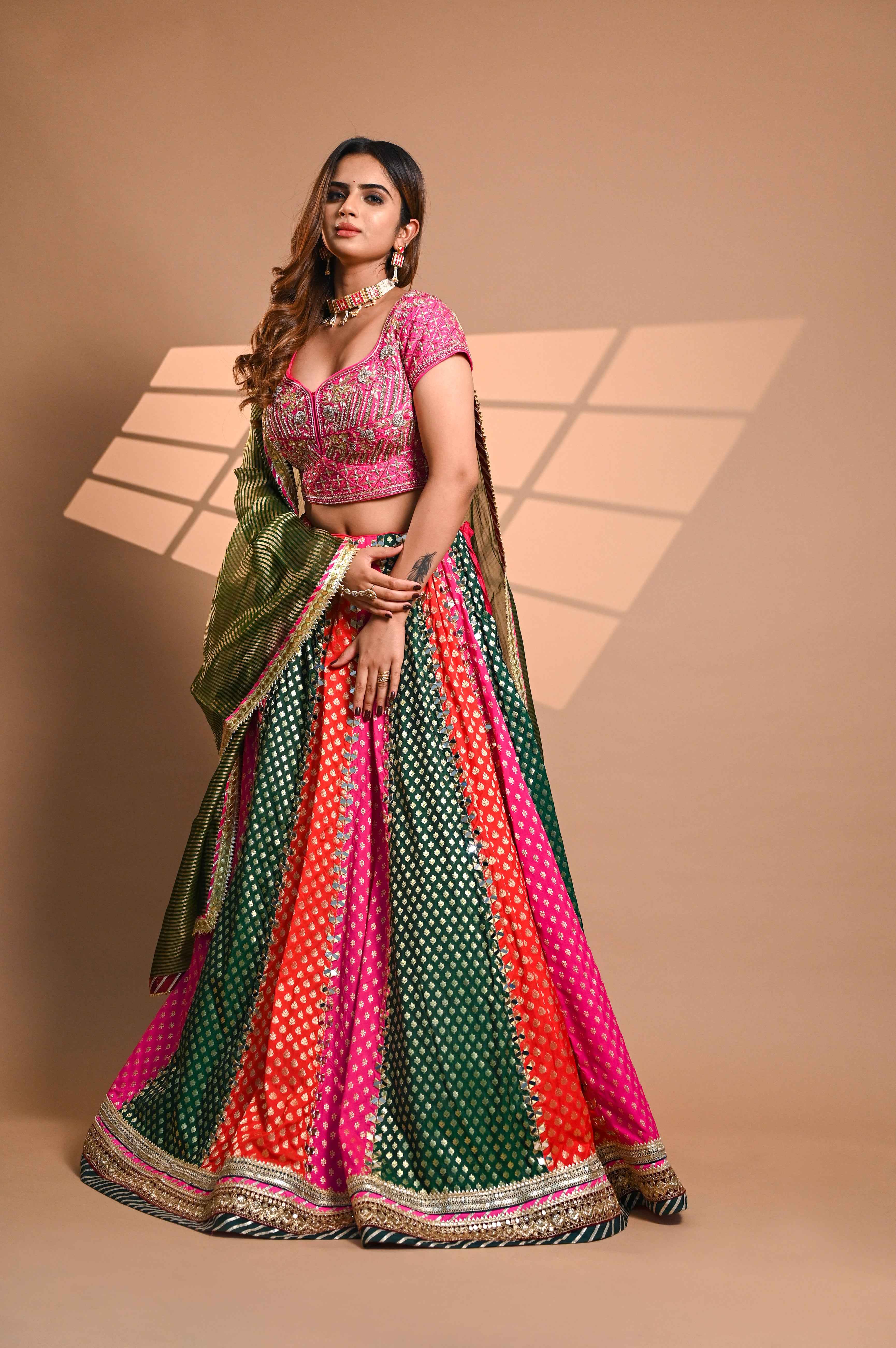 Multi Colour Khadi SIlk Lehega Choli WIth Mirror Embroidery Shreeman