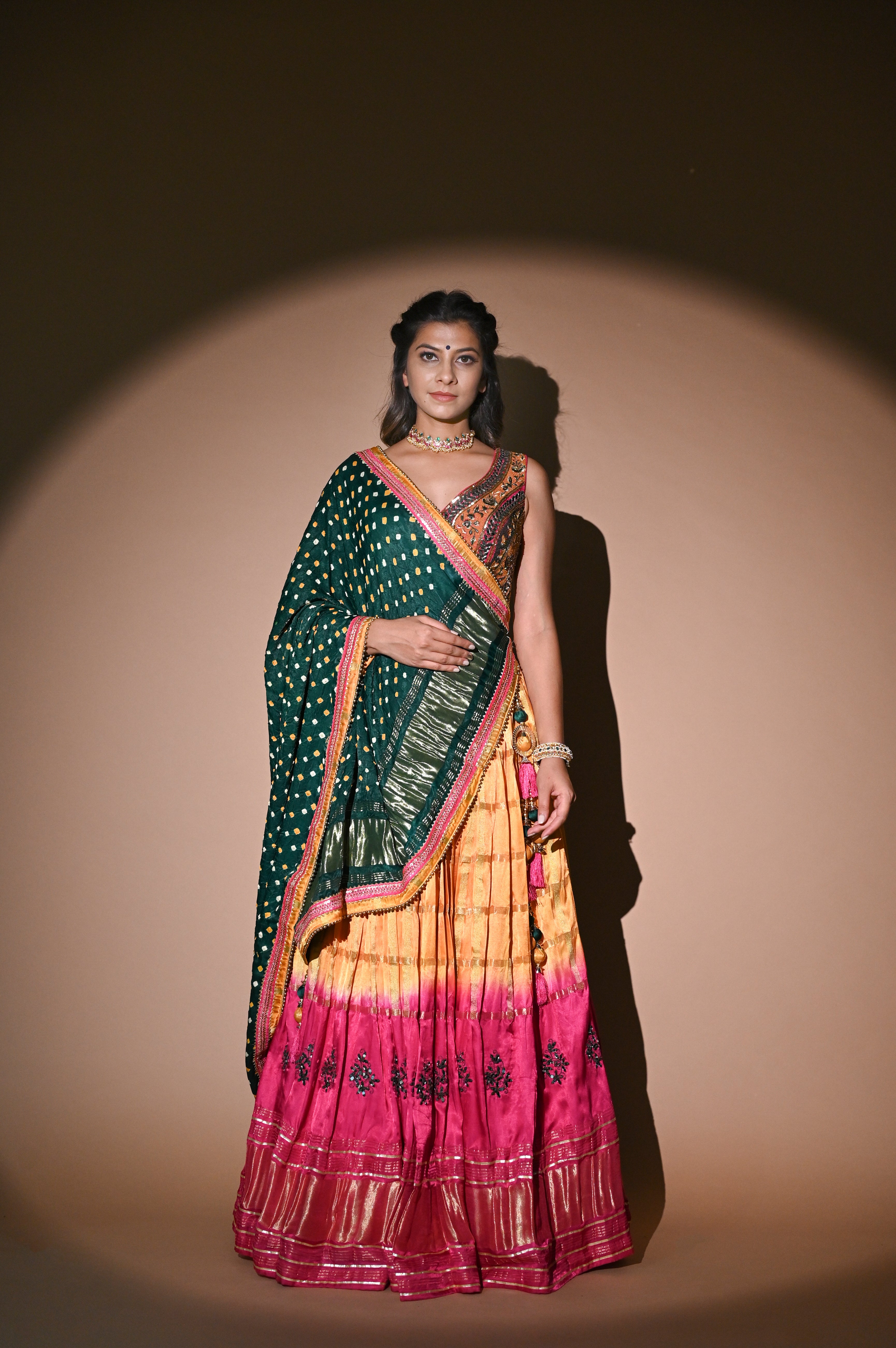 rani pink and green lehenga in resham, zardosi and mirror work with bandhani dupatta (S) 36