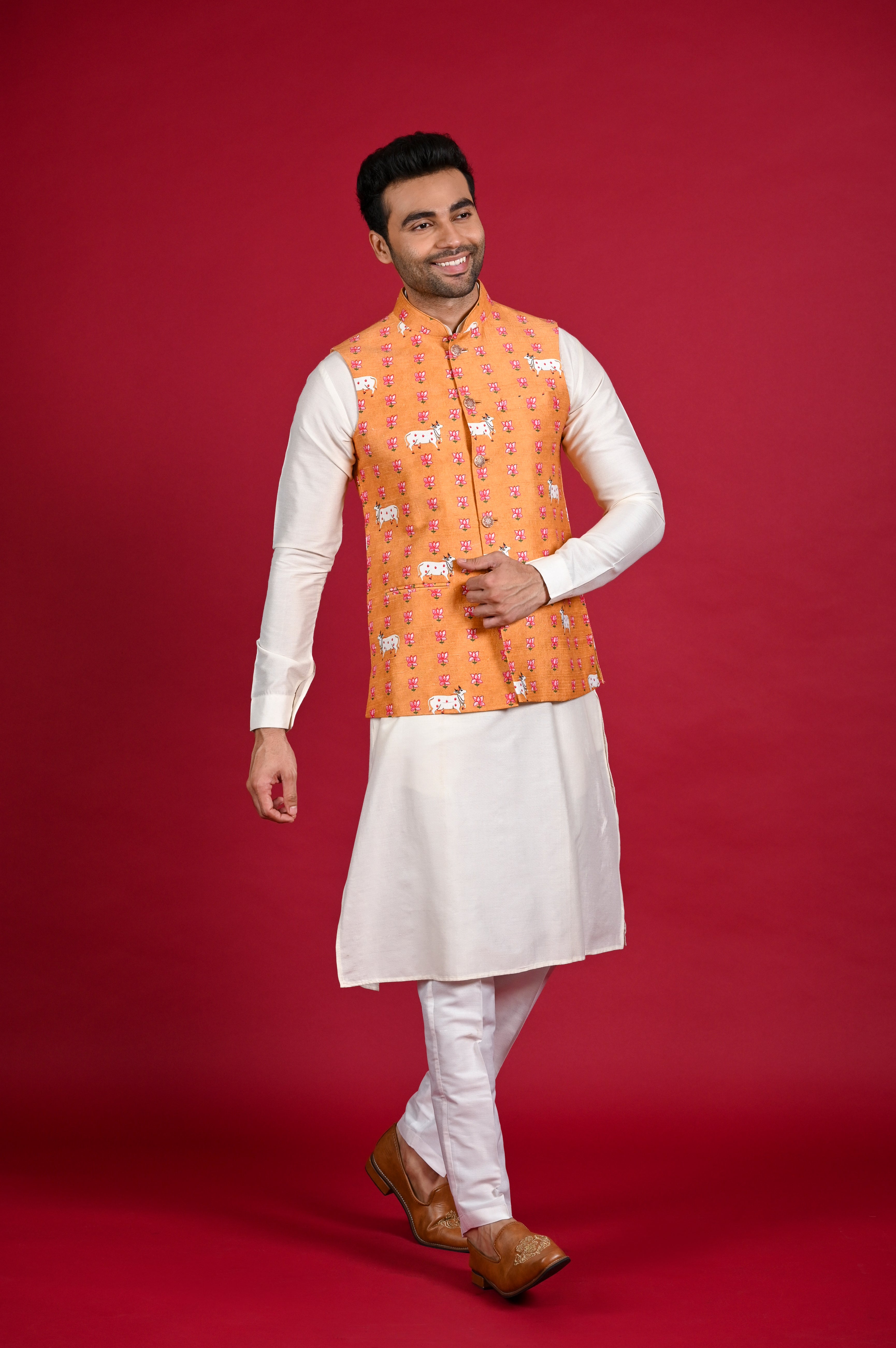 White kurta with orange on sale jacket