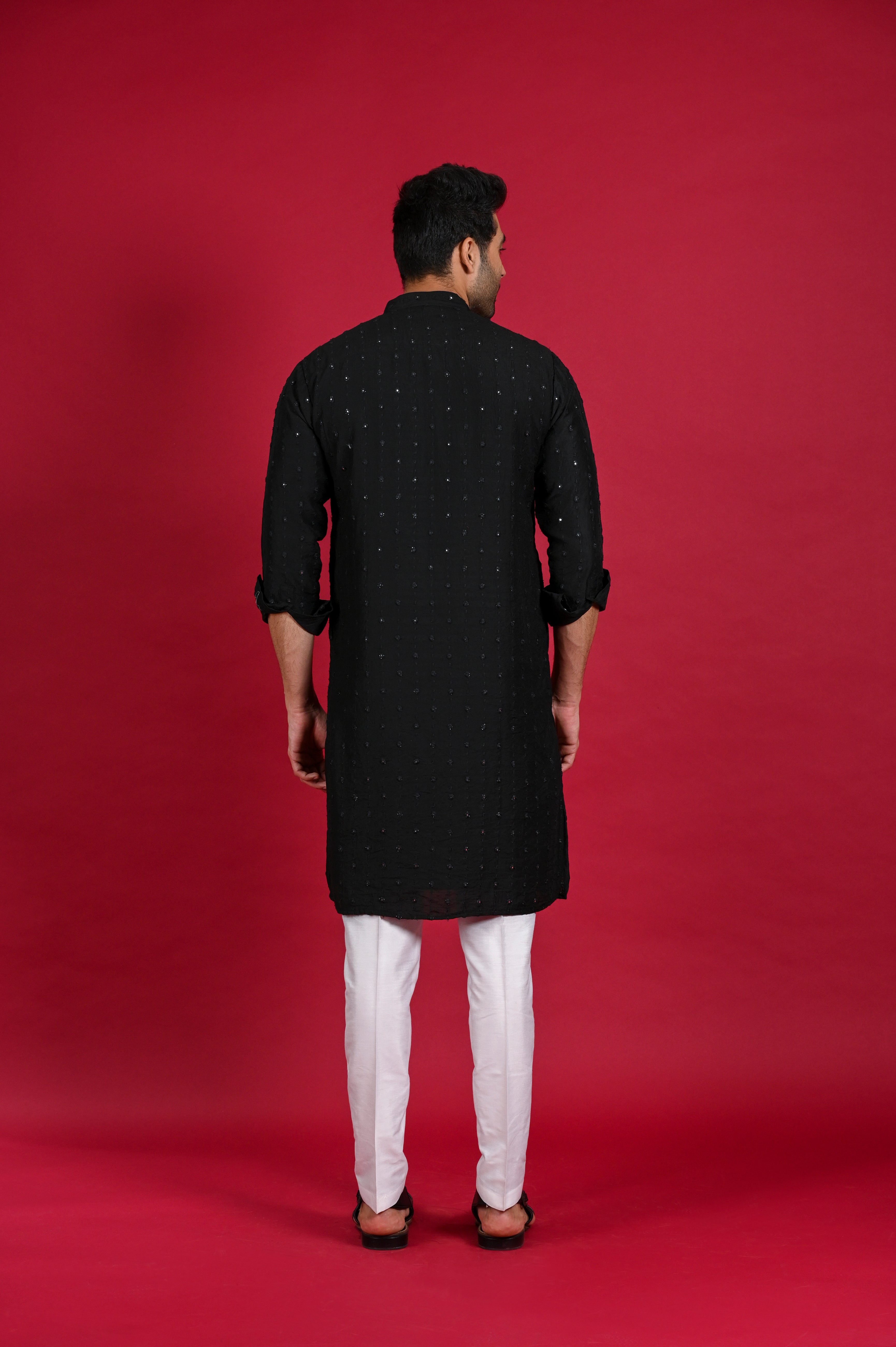 Black Silk Kurta Pajama with Mirror Work Shreeman