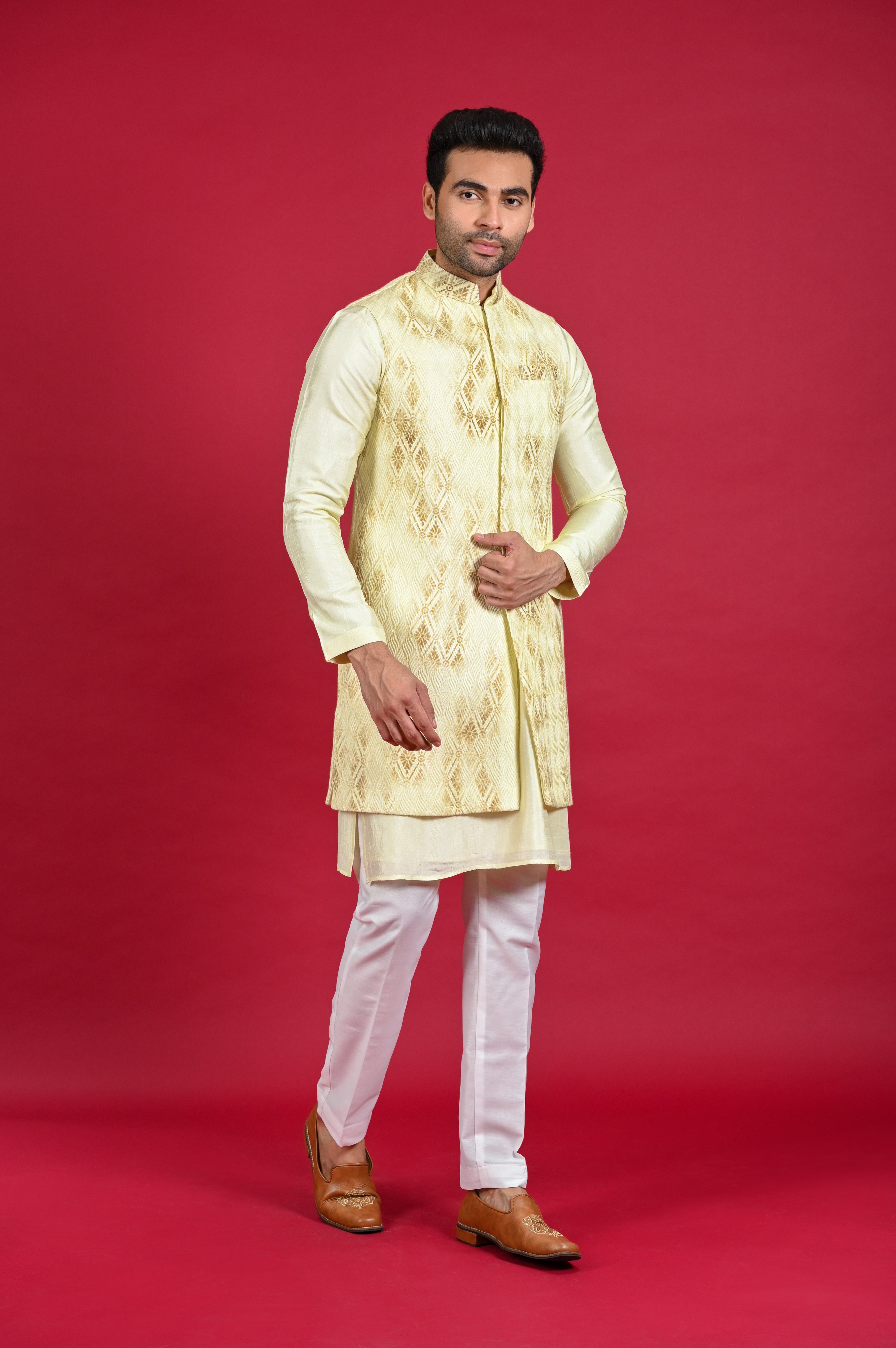 Yellow Printed Long Jacket Kurta Set in Silk