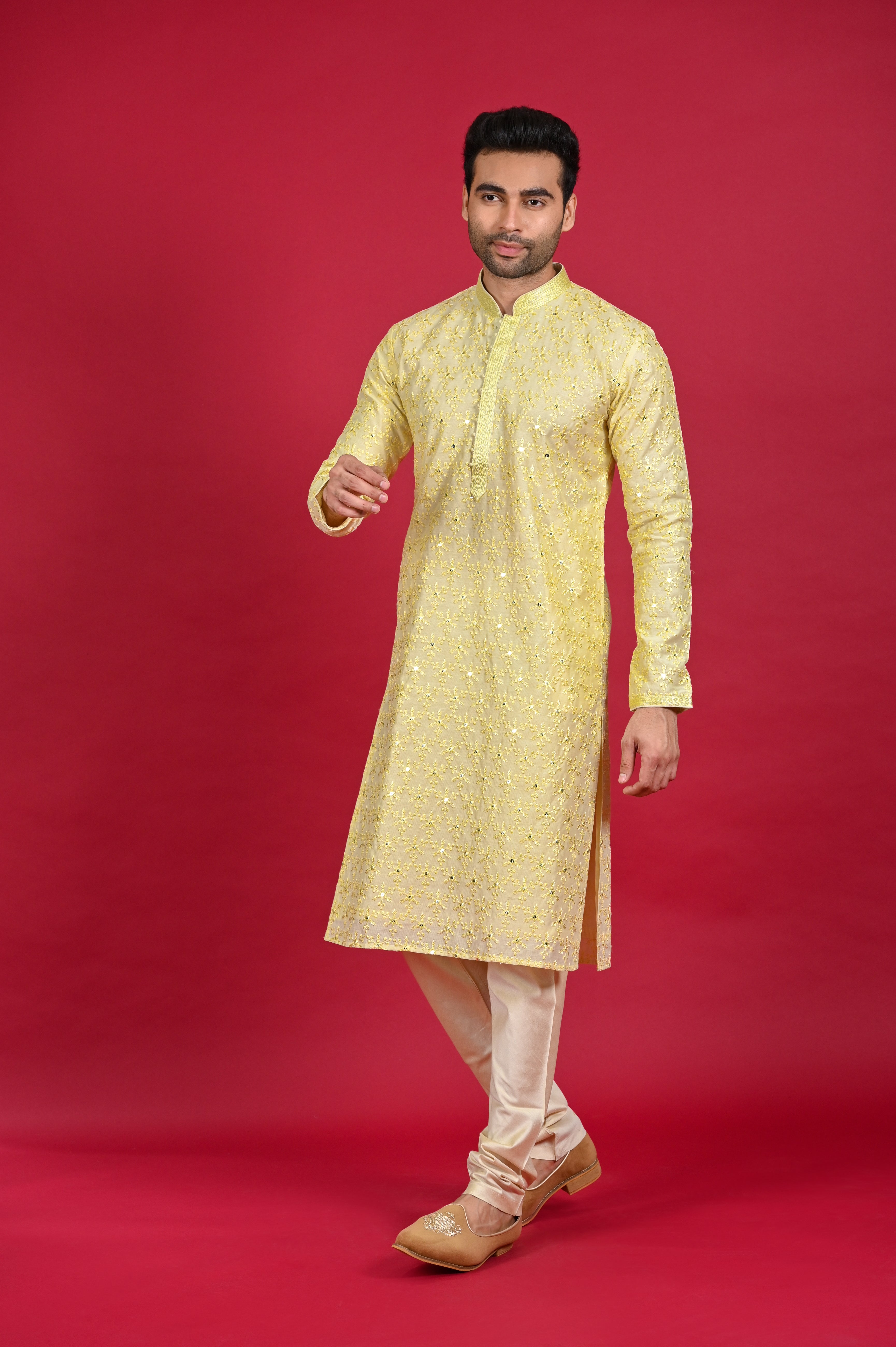 Pastel Yellow Kurta Set for Haldi in Silk | Shreeman