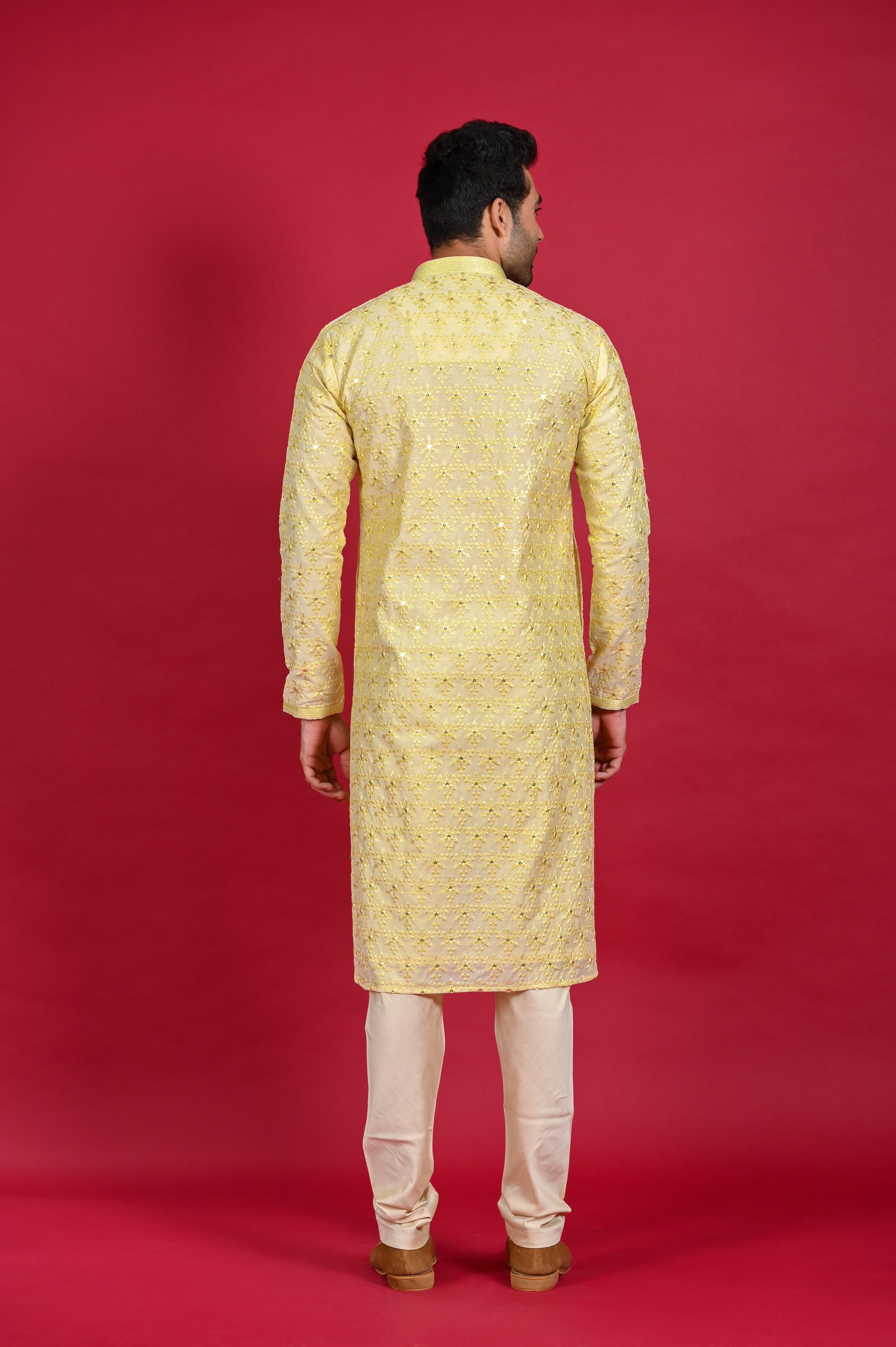 Pastel Yellow Kurta Set for Haldi in Silk | Shreeman
