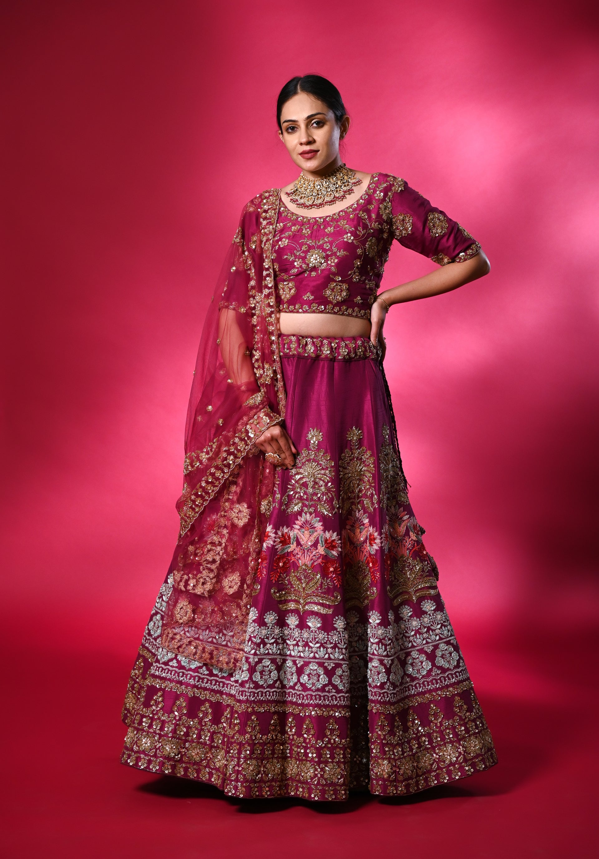 Buy Magenta Raw Silk Colorful Jardoshi Work Bridal Lehenga Set