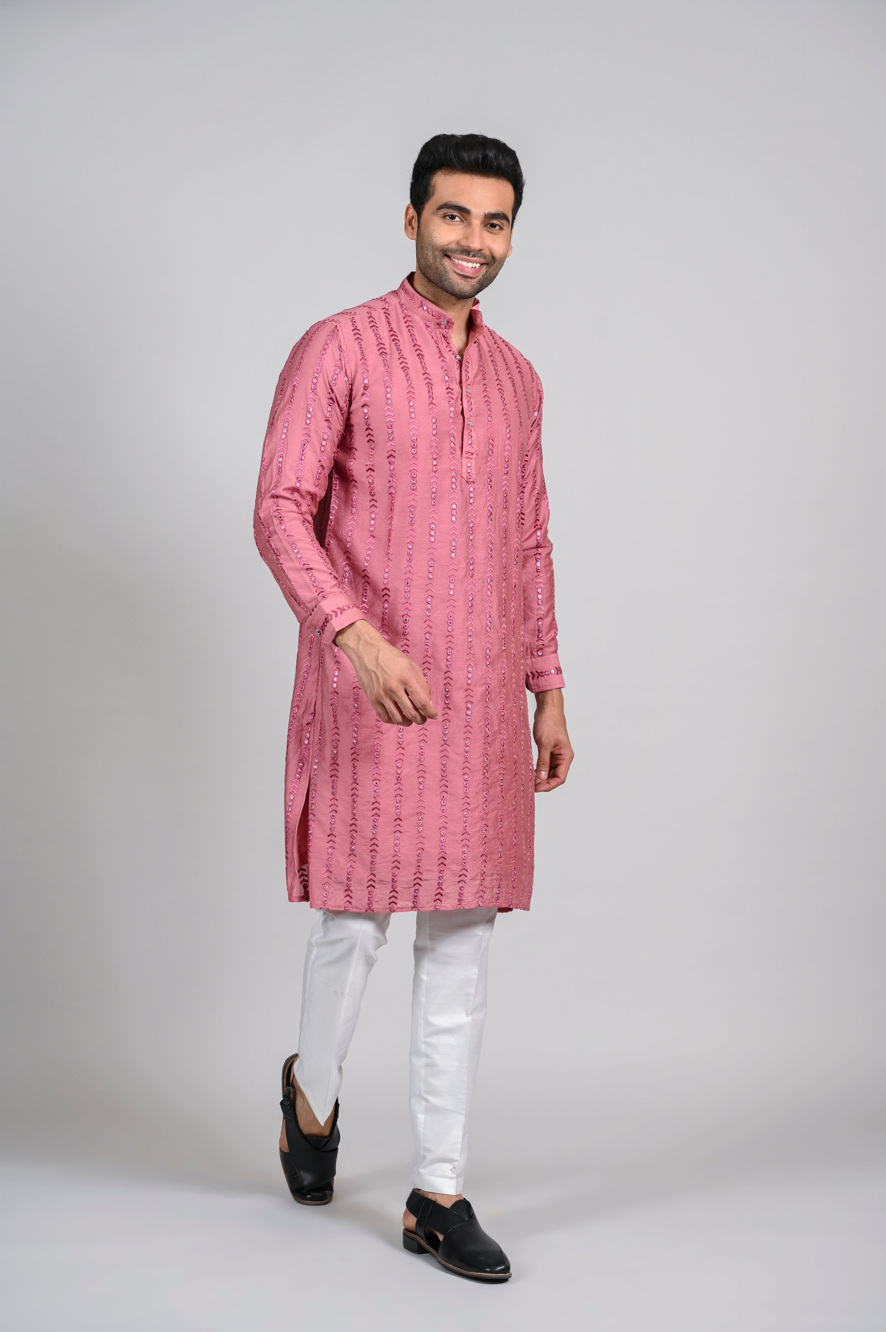 Buy Kantha Stripe Pink Angrakha Kurta With Straight Pants by ABHISHTI MEN  at Ogaan Market Online Shopping Site