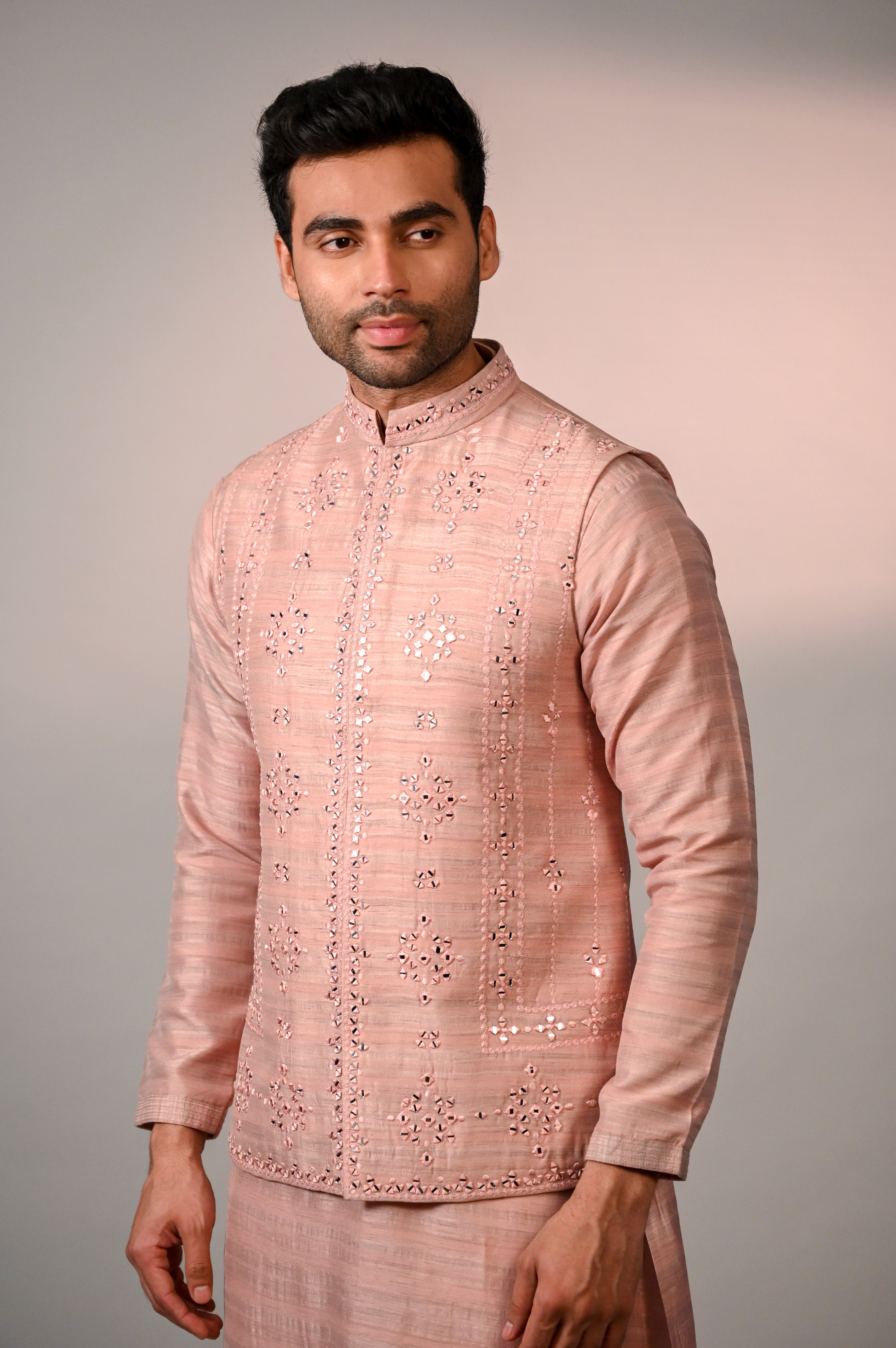 Peach Short Jacket Kurta Set with Mirror Work | Shreeman
