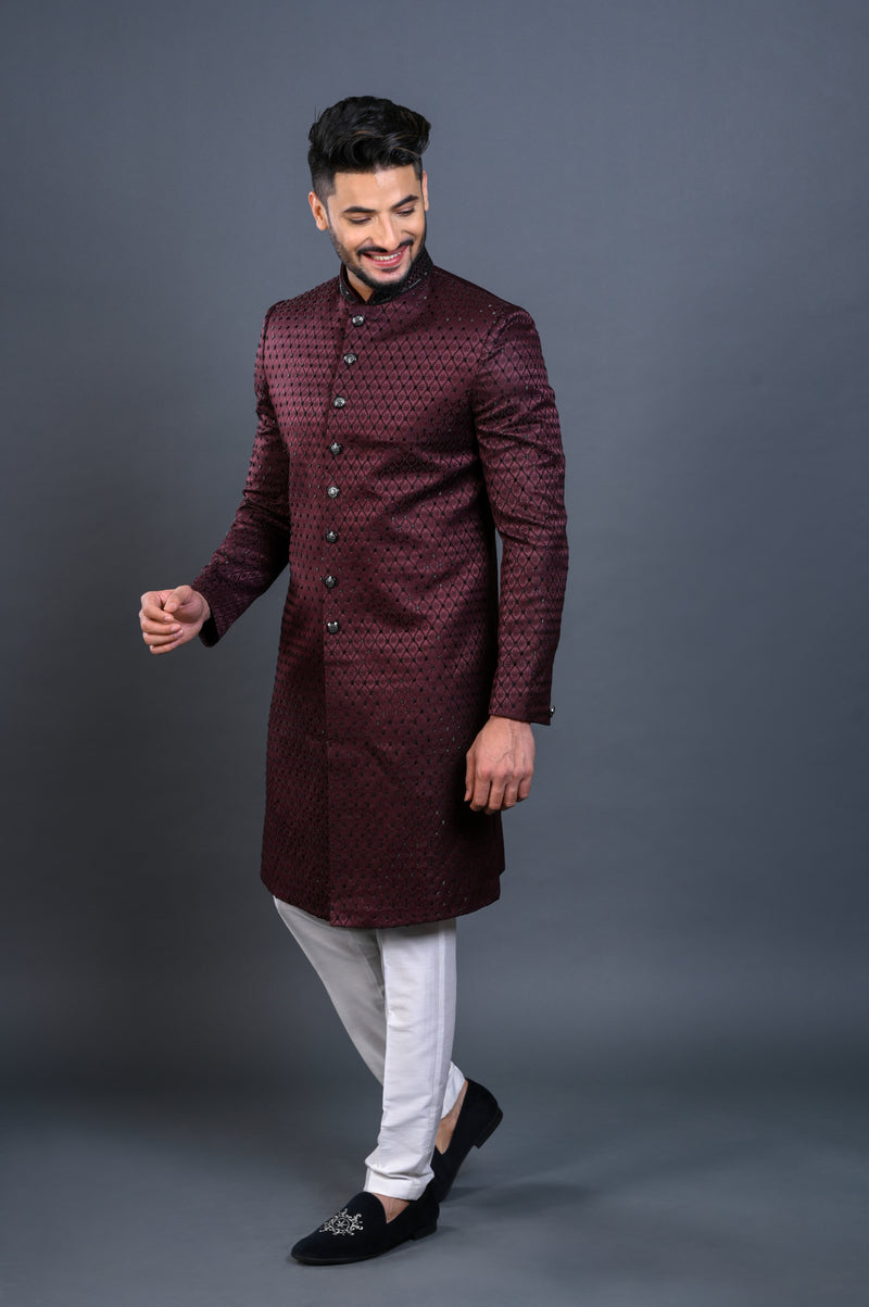 Wine Silk Sherwani With Pearl Work | Shreeman, wedding sherwani, men's sherwani, indo western sherwani, ethnic wear for men