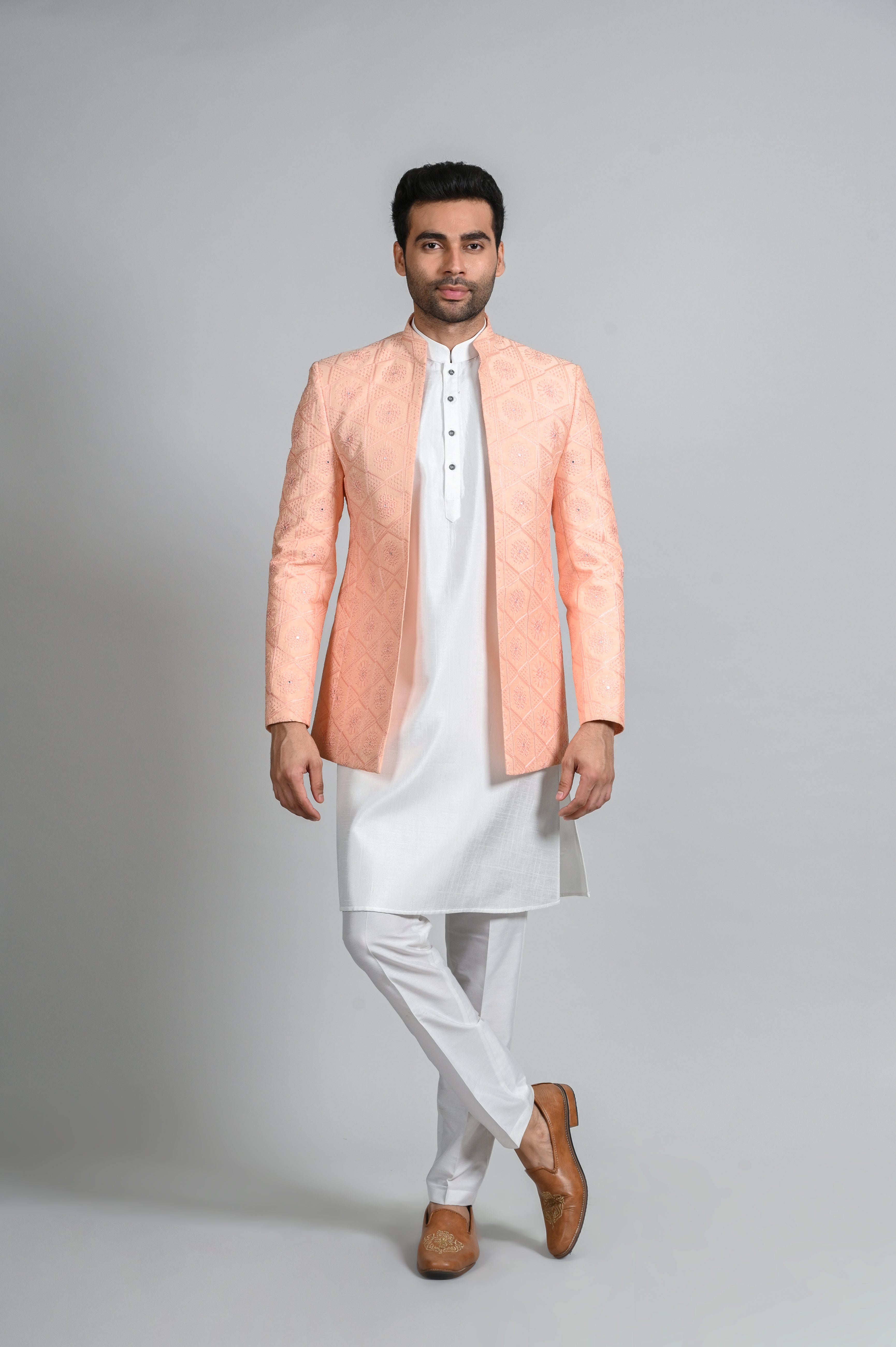 Buy Peach Jodhpuri Set with Bandhgala Collars in Silk Shreeman