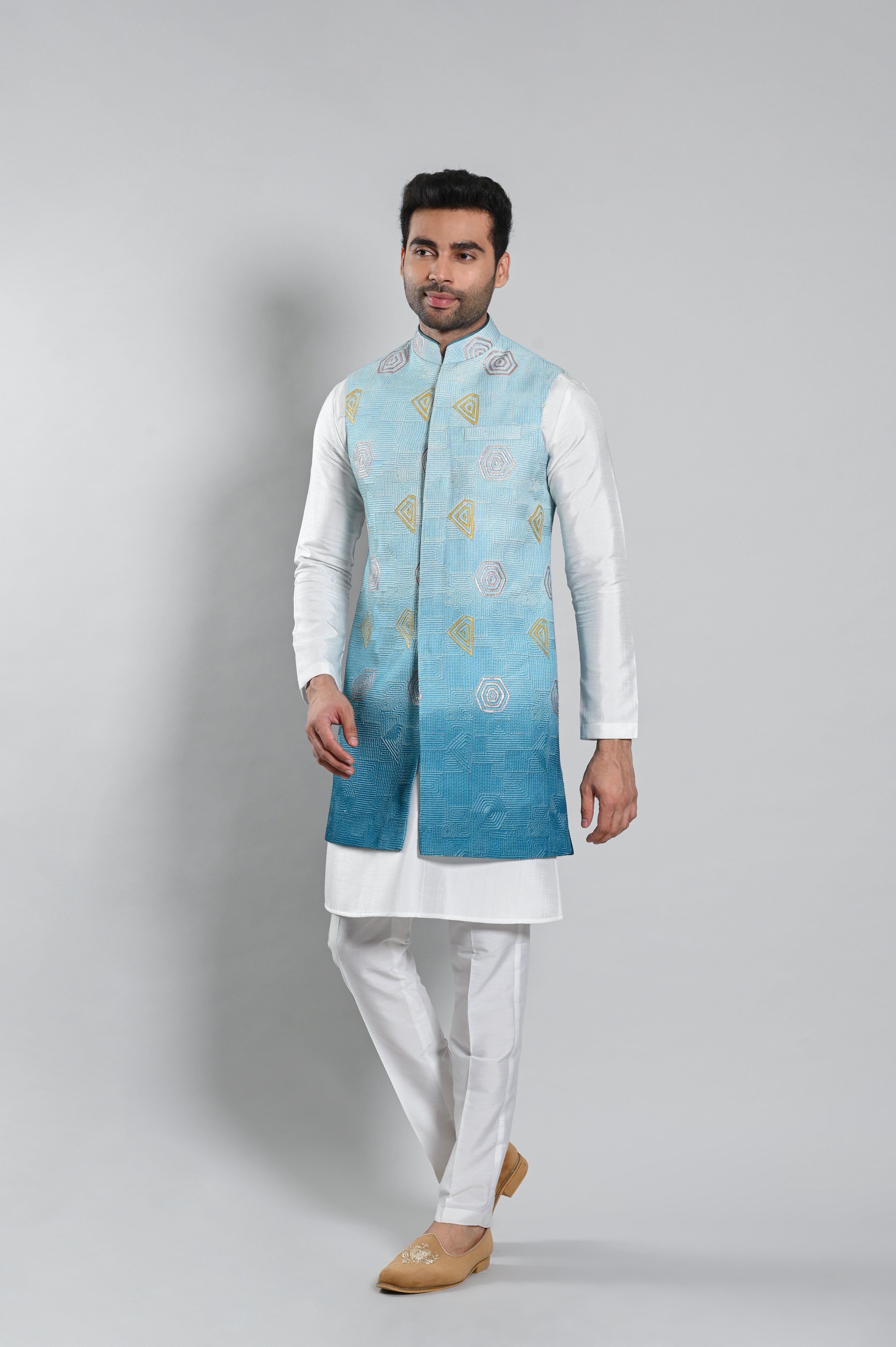 Aqua Blue Jacket Set for Men with Thread Work