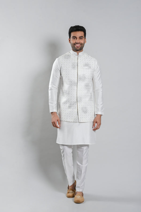 Buy Contrast Panelled Long Nehru Jacket with Printed Kurta and Trousers by  QBIK MEN at Ogaan Online Shopping Site