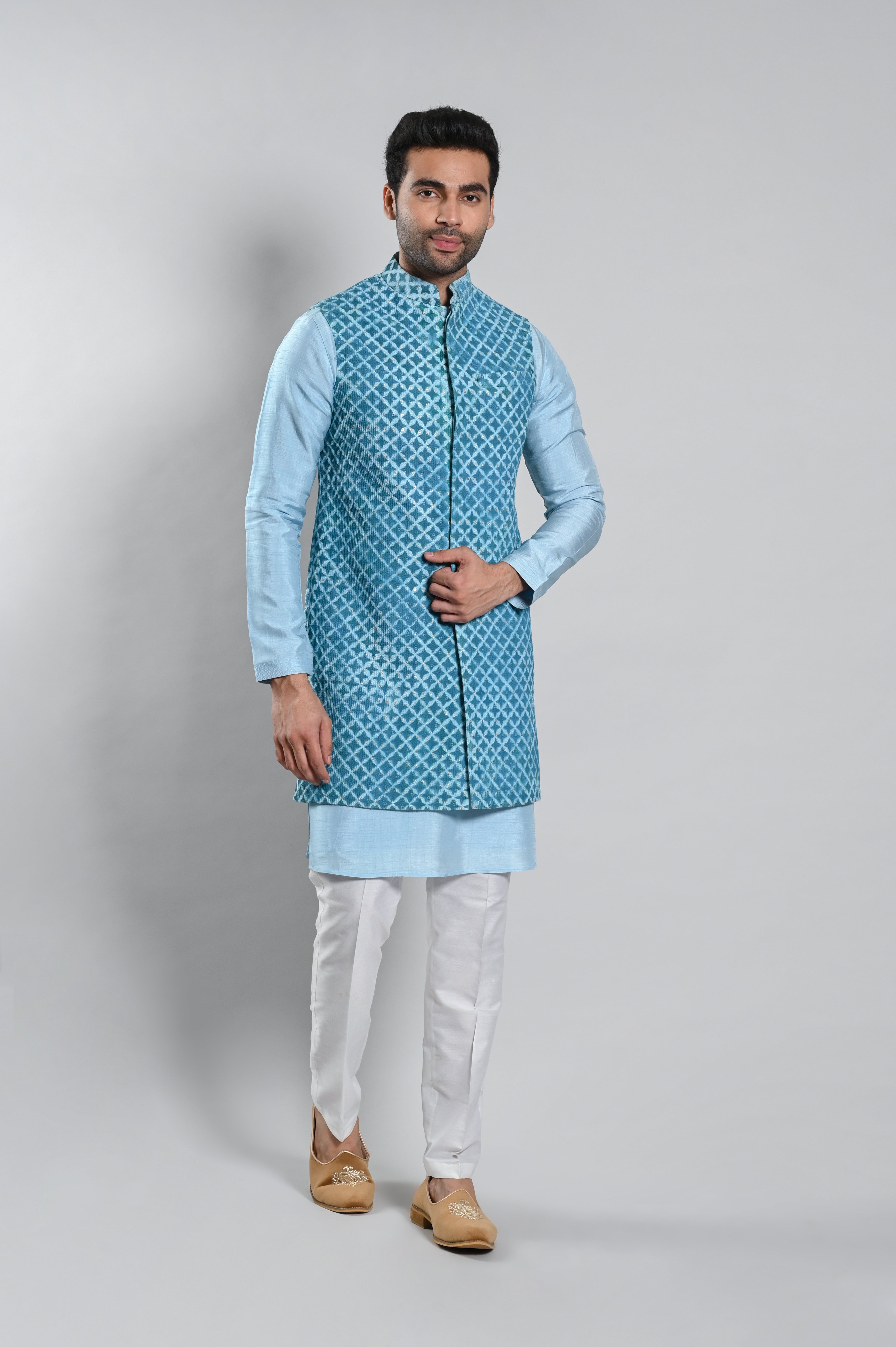 Blue Long Jacket with Kurta Set – Darshika Menswear