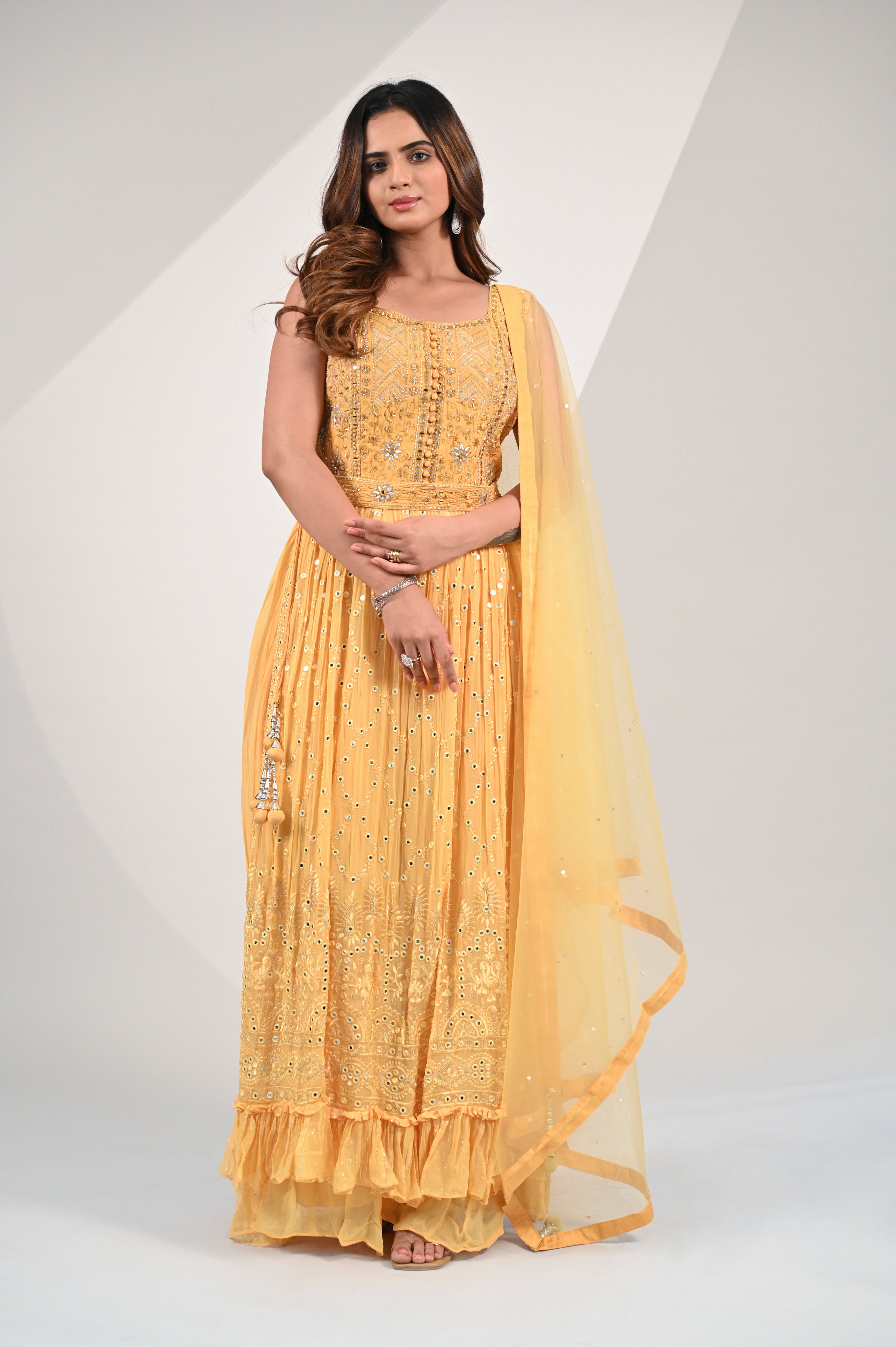 Mustard Yellow Chiffon Palazzo Set with Net Dupatta