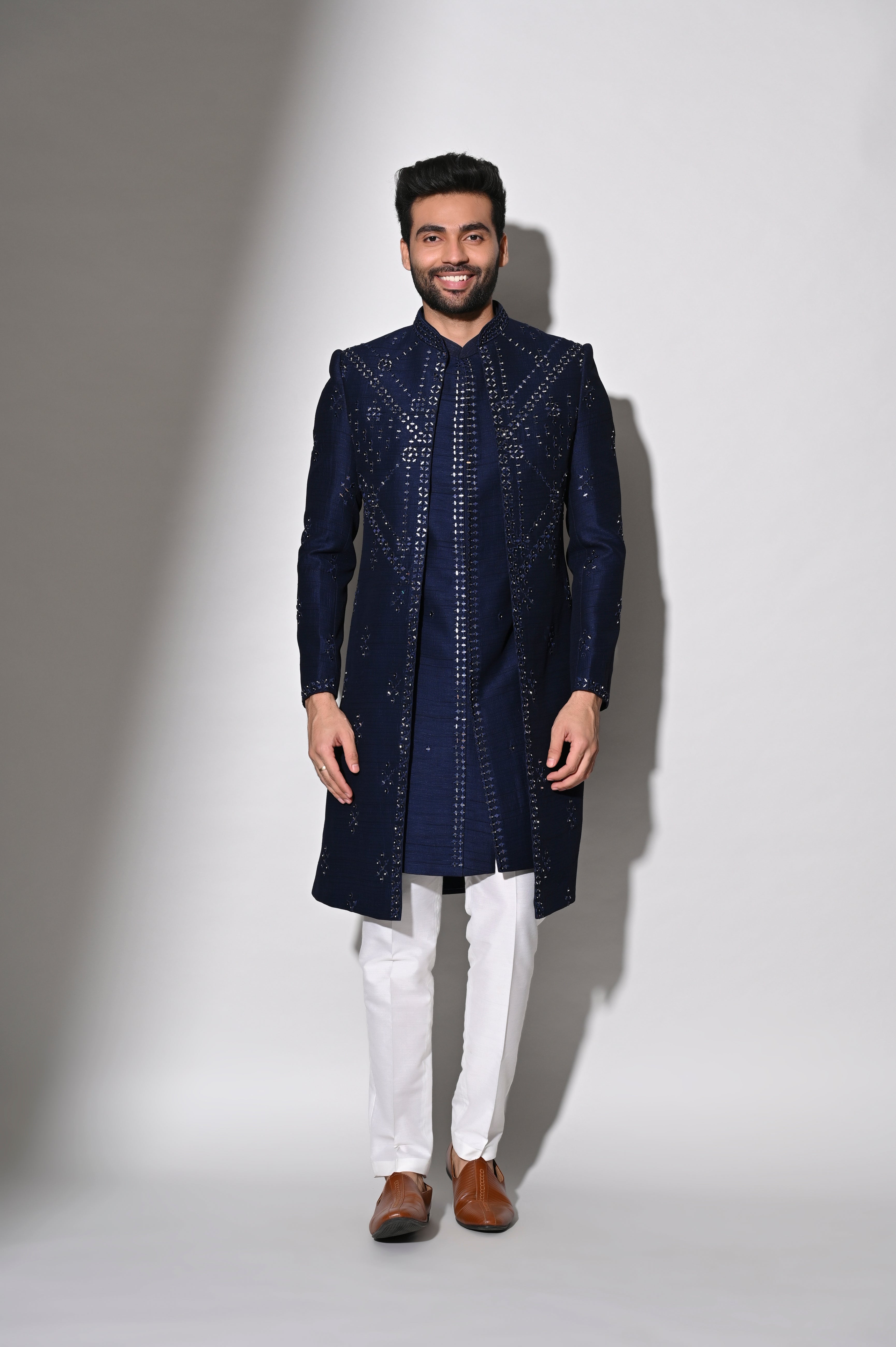 Royal Blue Indo Western Set in Dupyon Silk | Shreeman