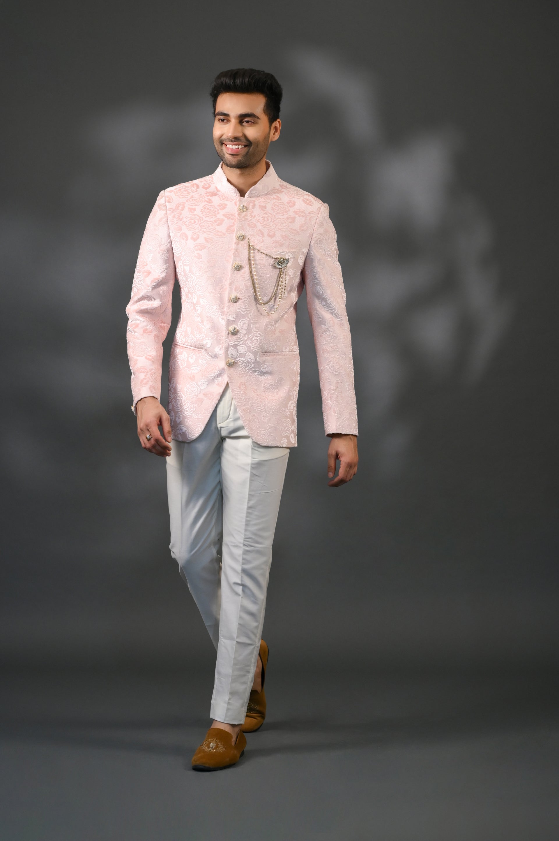 Pink Silk Jodhpuri Top With All Over Embose Print Shreeman